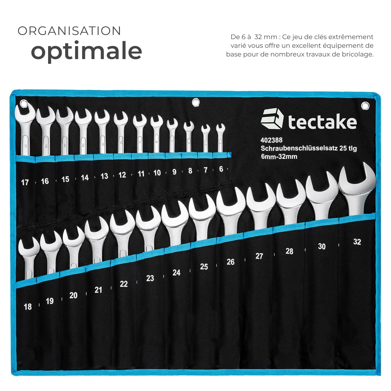 tectake® Lot 25 Clés mixtes Clés polygonales 6 à 32 mm en Acier-Carbone résistant, Jeu de clef plate Outils bricolage Outillage Outils Cle plate cle mixte, Trousse de rangement incluse, Noir/Bleu