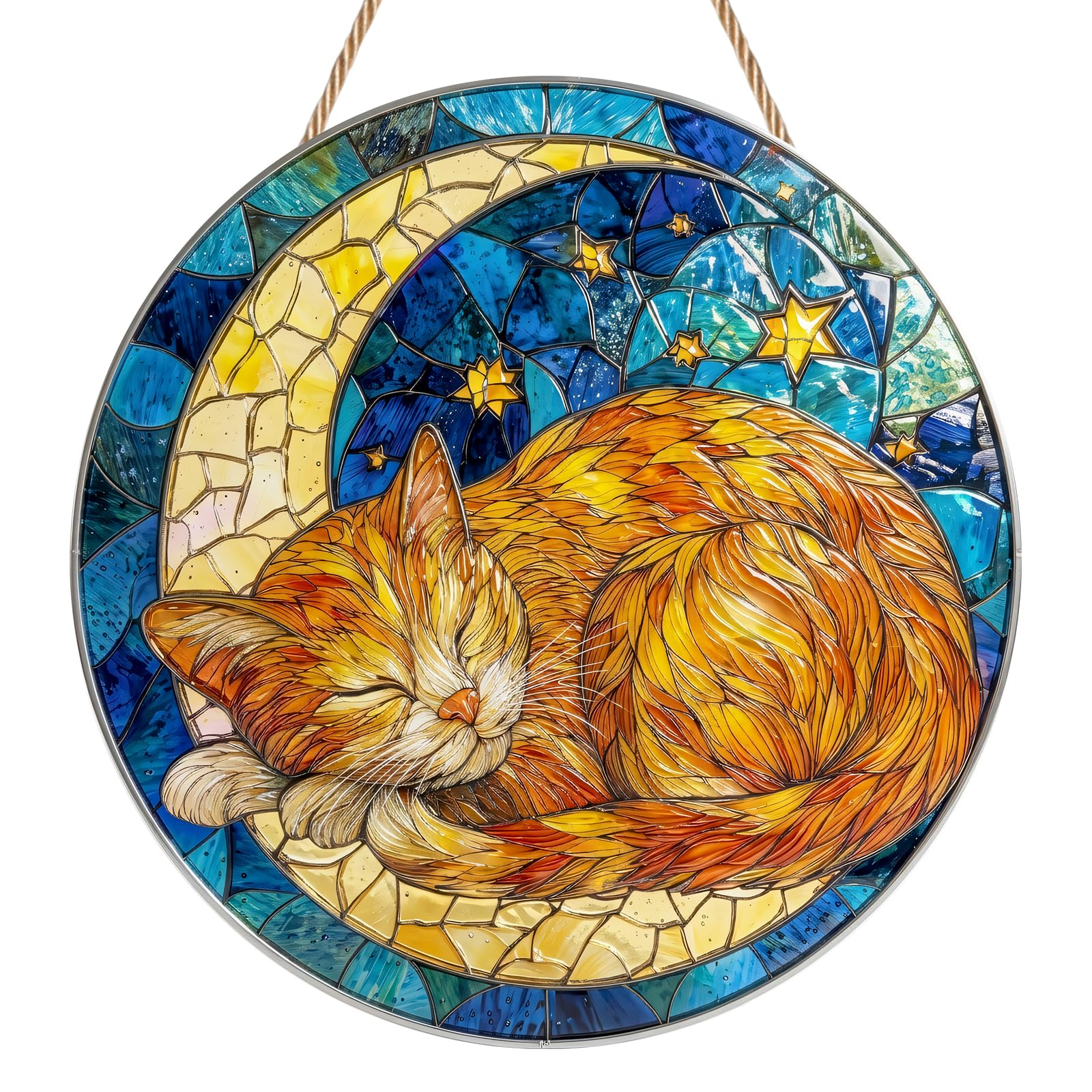 Sleeping Cat Sun Catchers for Windows, Cat Acrylic Suncatcher, Stained Glass Window Hanging Ornament, 2D Flat Hanging Garden Ornament Suncatchers for Home Window Wall Decoration