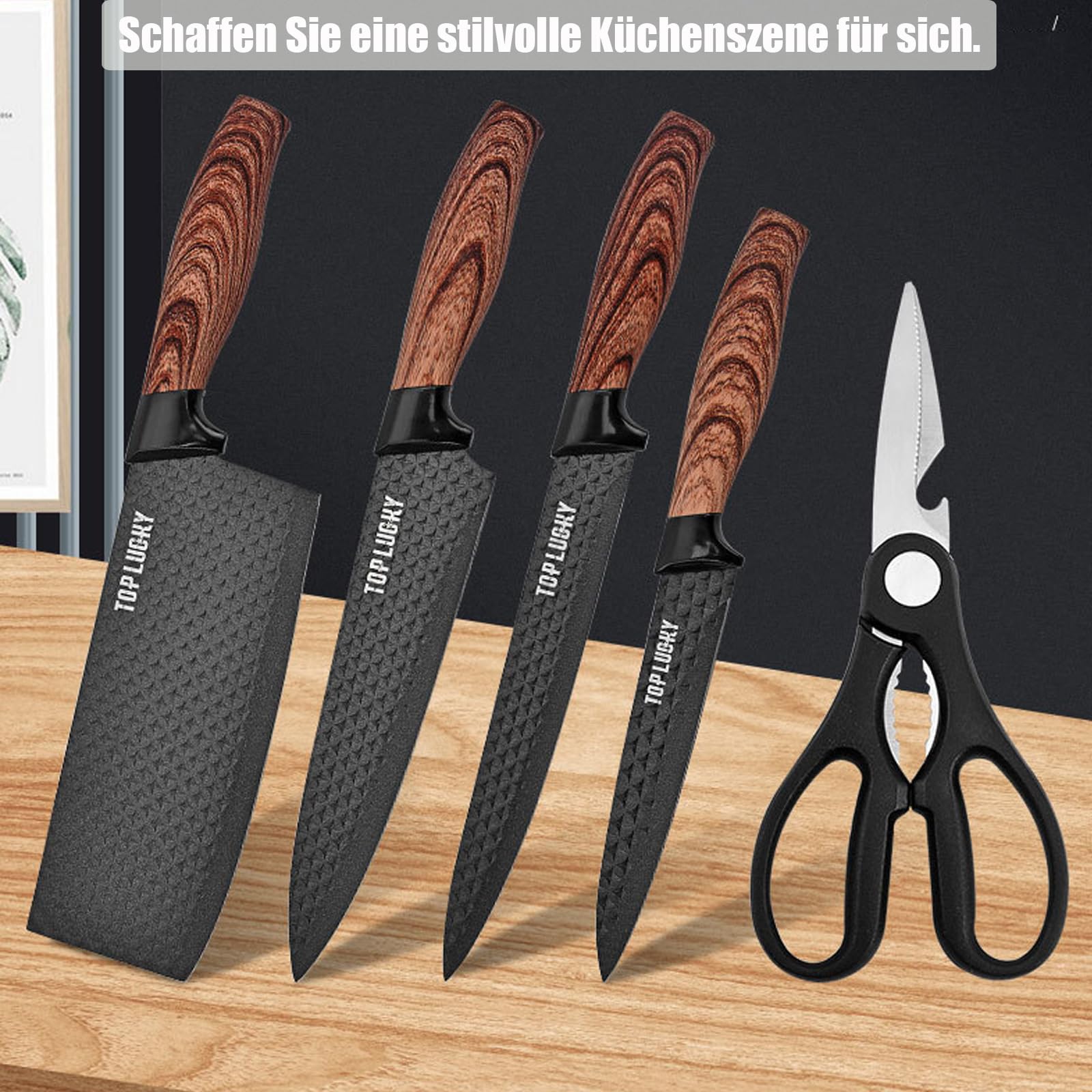 Justup Juego de Cuchillos de 6 Piezas Para Cocina - Cuchillos de Chef Afilados de Acero Inoxidable Antiadherente y Antideslizante Con Asiento (Negro)
