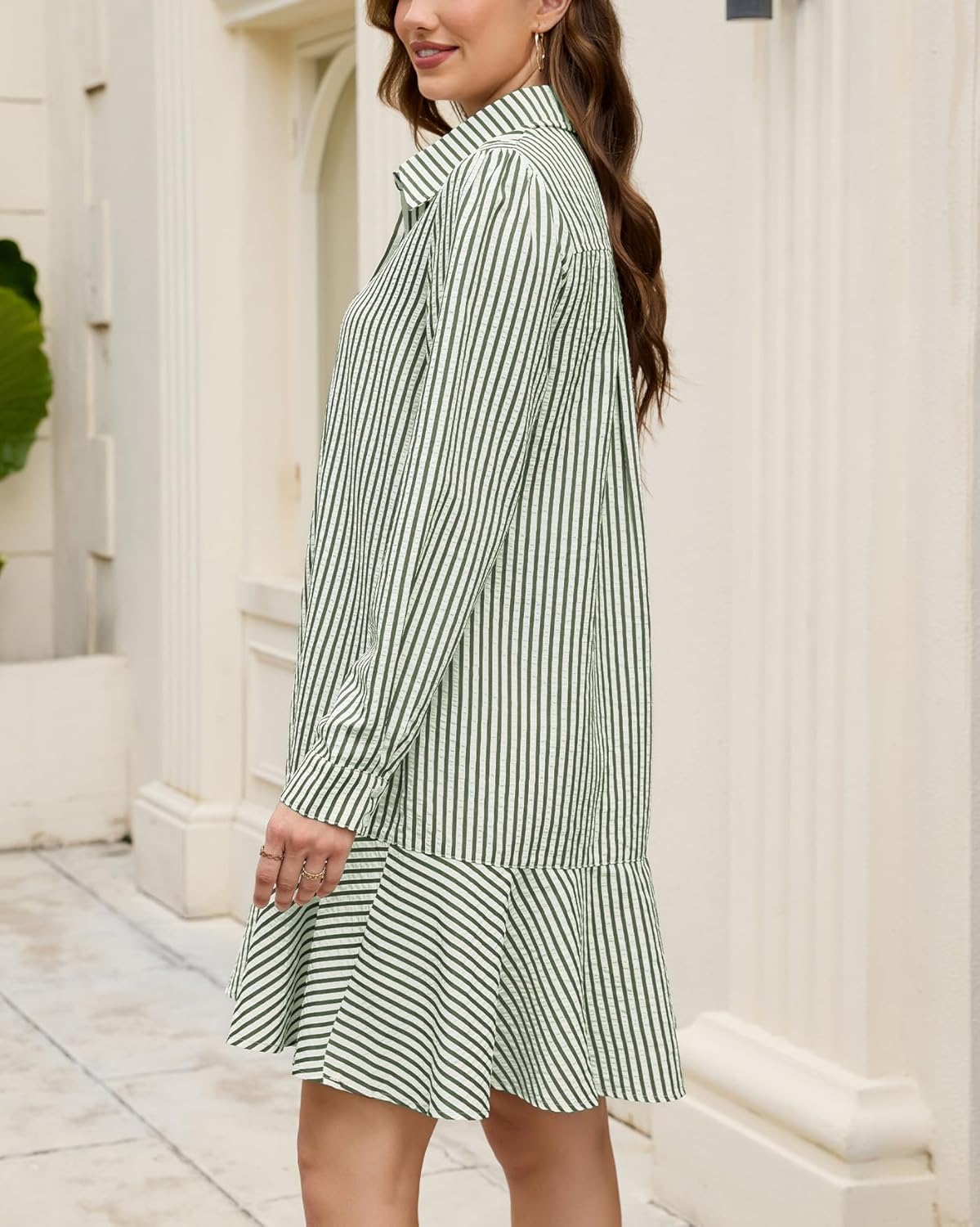 Womens Striped Shirt Mini Dress Long Sleeve Collared Button Up Flowy Ruffle Hem Swing Shift Tunic Dress - Image 4