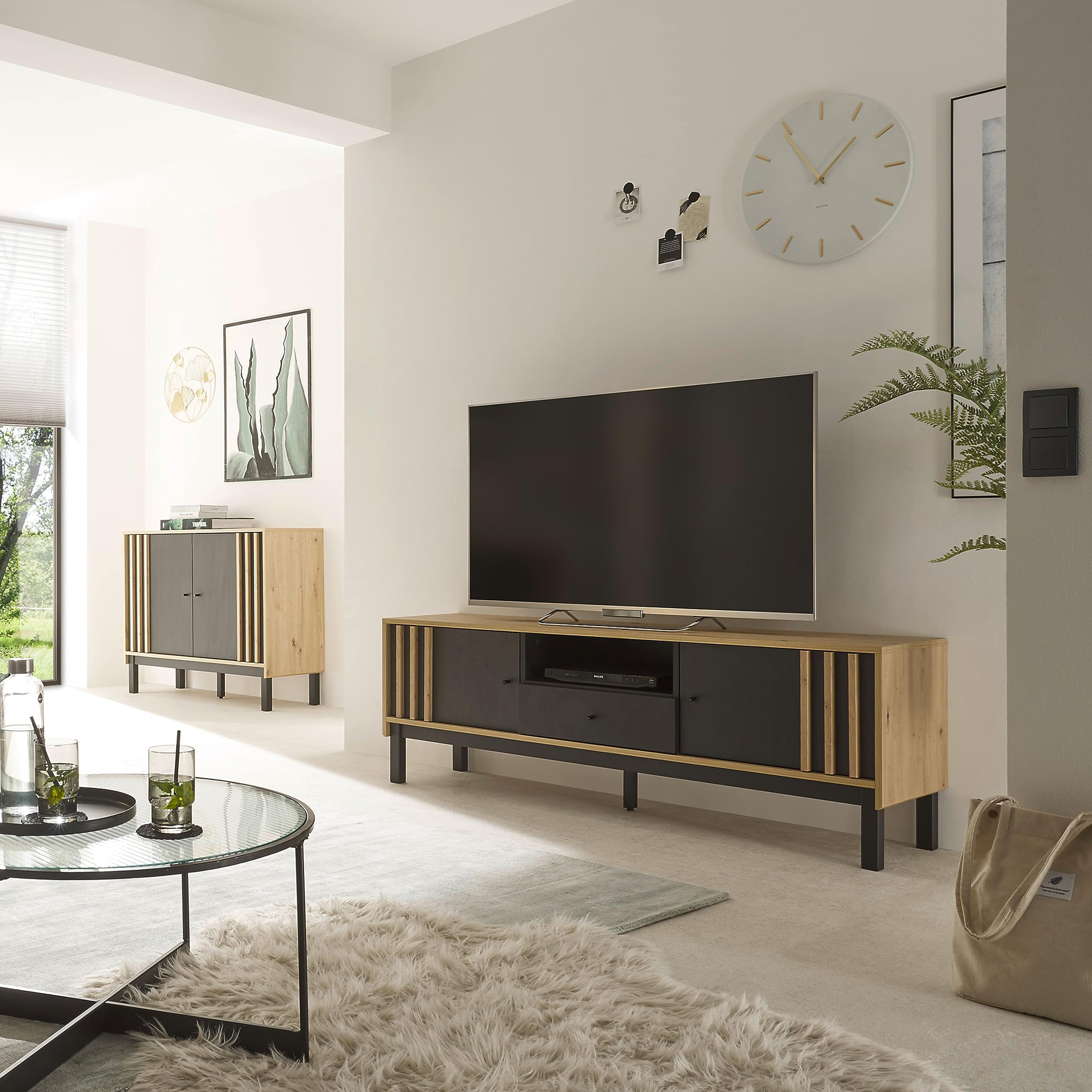 VOLANO TV-Lowboard in Artisan Eiche Optik, Schwarz - Moderner TV Schrank mit Schublade und viel Stauraum für Ihr Wohnzimmer - 156 x 54 x 39 cm (B/H/T)