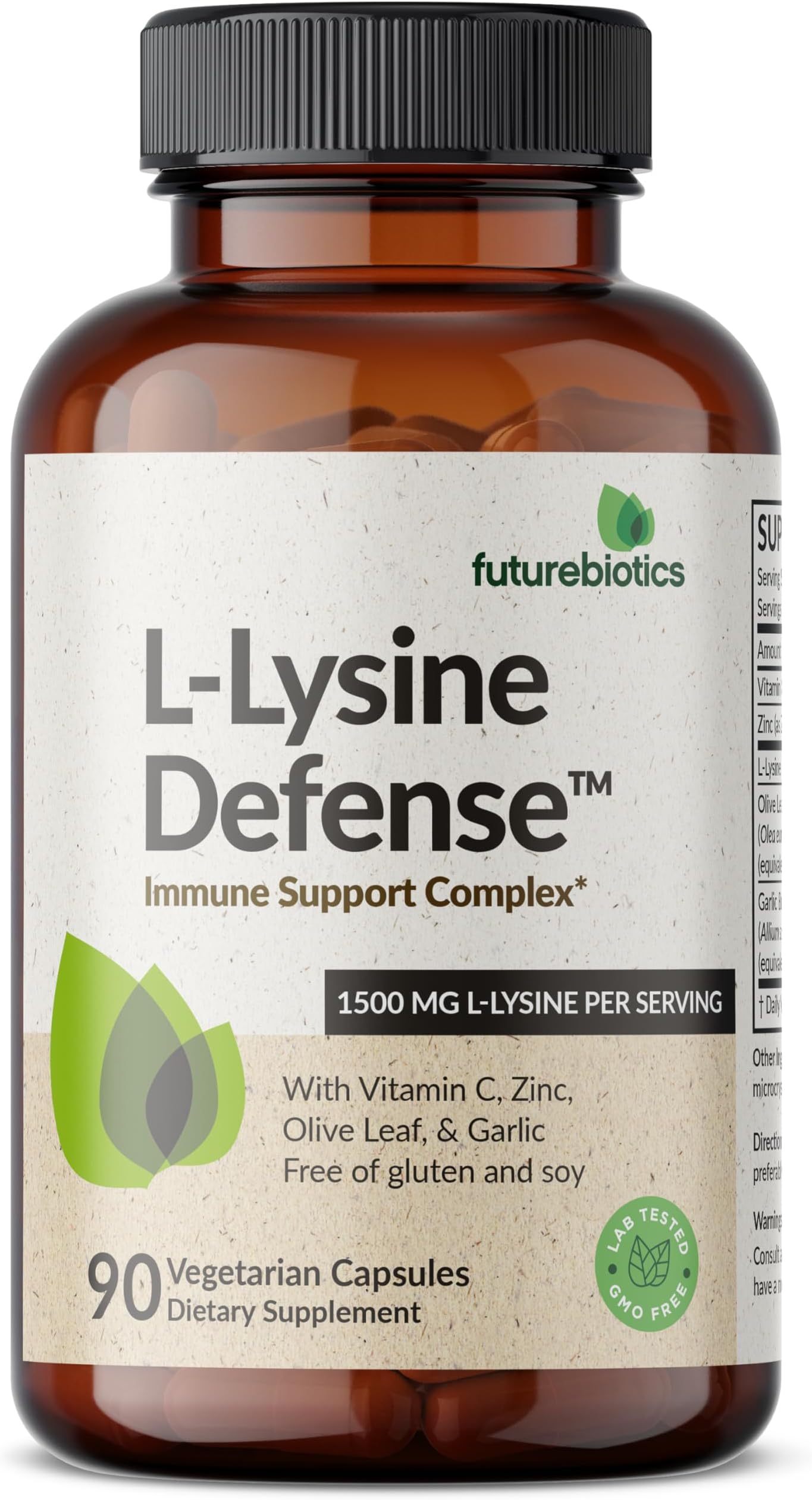 L-Lysine Defense Immune Support Complex 1500 MG Per Serving with Vitamin C, Zinc, Olive Leaf & Garlic - Non-GMO, 90 Vegetarian Capsules
