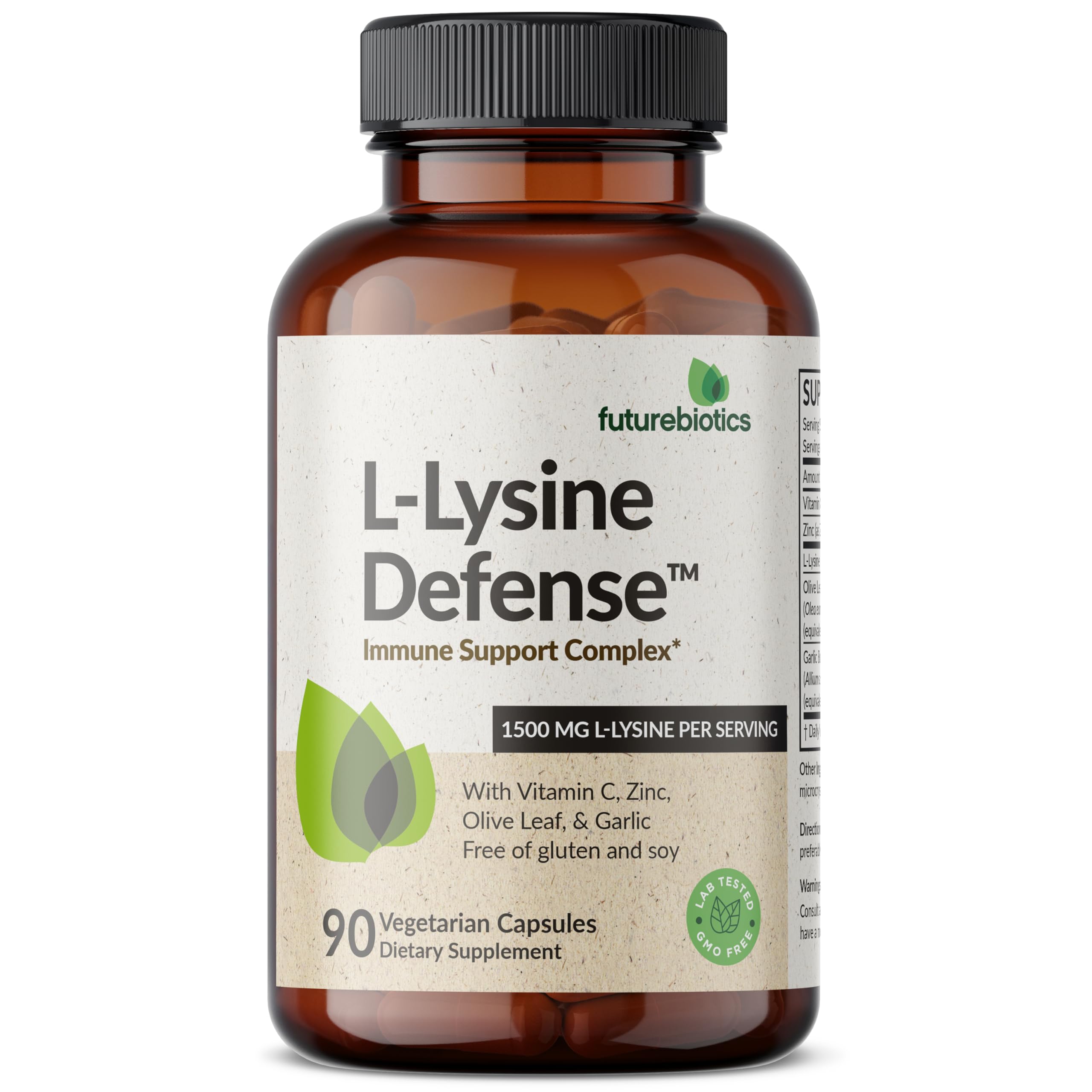 Futurebiotics L-Lysine Defense Immune Support Complex 1500 MG Per Serving with Vitamin C, Zinc, Olive Leaf & Garlic - Non-GMO, 90 Vegetarian Capsules