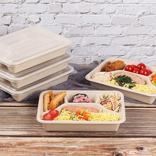 Miniatura 9 de Platos desechables de fibra de caña de azúcar de 40 onzas con tapas, fibras vegetales de bagazo, aptos para congelador, paquete de 25