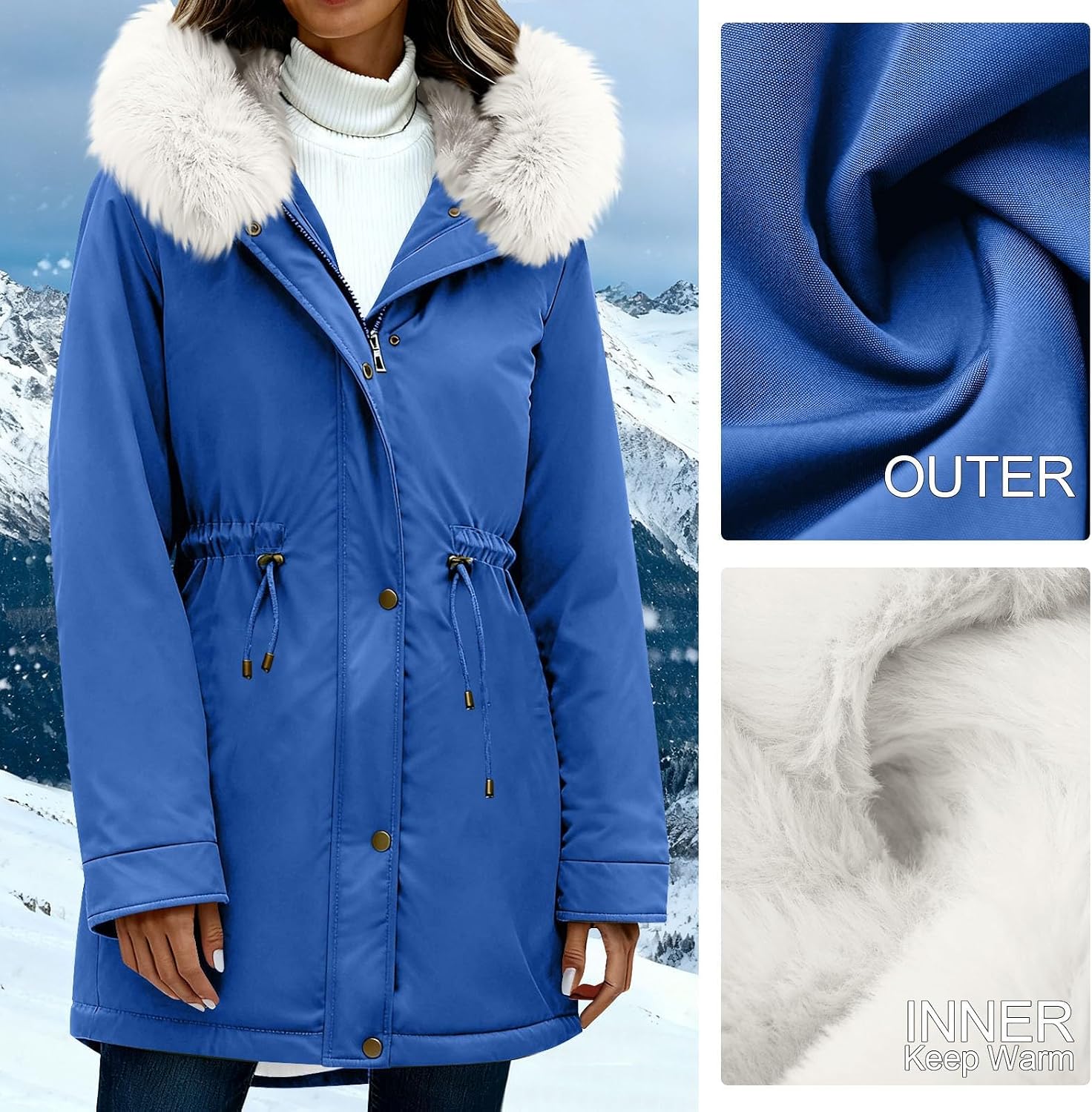 PBNBP Womens Winter Parkas Water-Resistant Coat with Fur Hood Fleece Lined Warm Jacket Windproof Anorak with Drawstring Waist