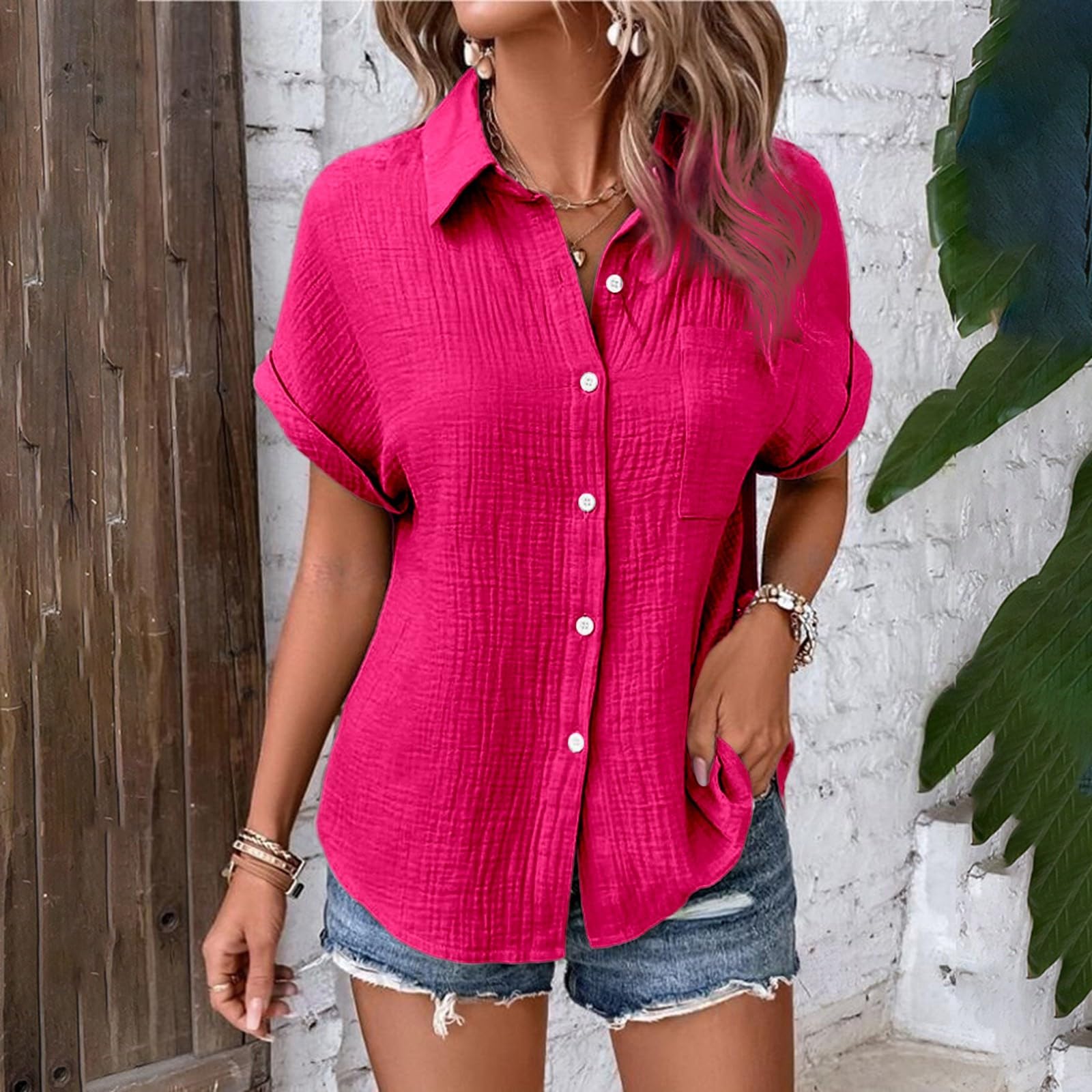 Camisas de lino de manga corta con botones para mujer, estilo casual, de verano, color liso, con cuello, manga dolman, blusas de muselina para playa, ajuste holgado, de algodón