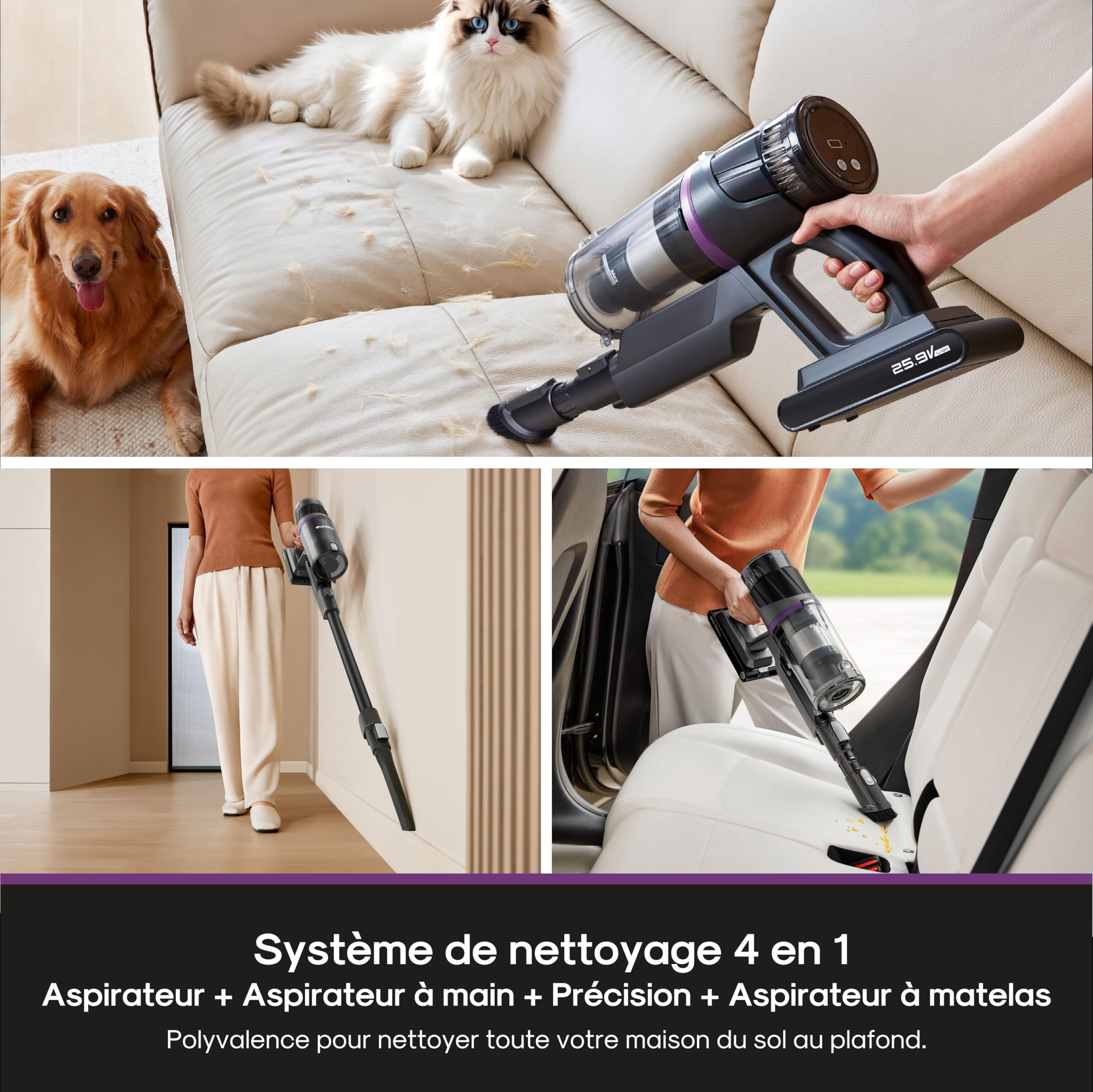 EUREKA ReactiClean 520 Aspirateur Balai sans Fil Anti-allergène Aspiration Puissante, 4 en 1 avec Longue Autonomie 50 Minutes, Reharge Murale, Aspirateur à Main Léger pour Poils Cheveux