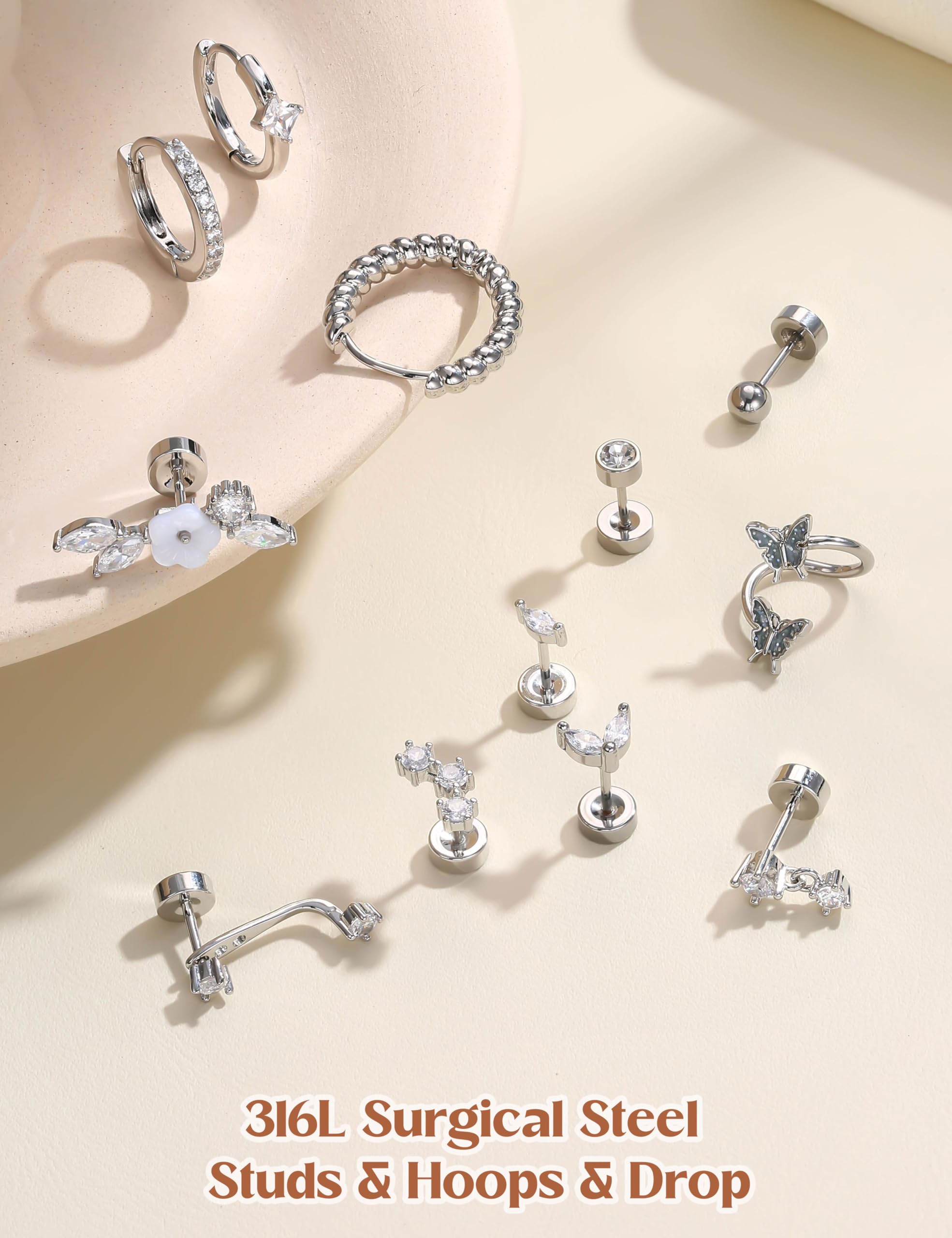 HMJGDHX 12 sztuk Helix Piercing biżuteria srebrne złote kolczyki dla kobiet chirurgiczne stalowe kolczyki z płaskim tyłem Rook Daith Conch Tragus Piercing biżuteria małe Helix Hoop kolczyki na