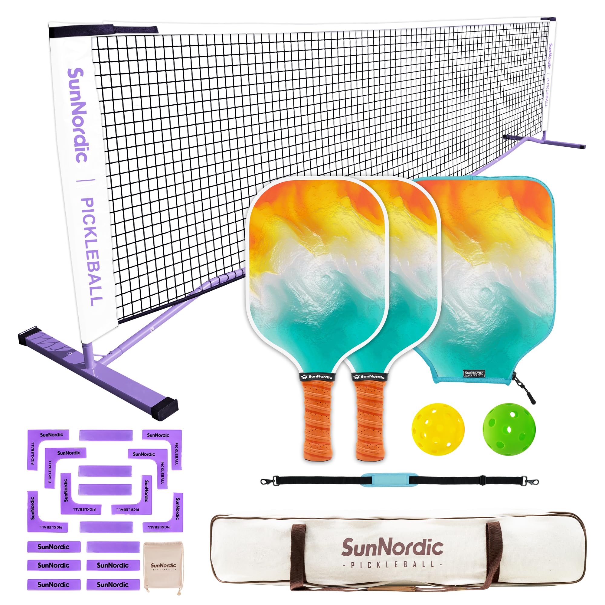 SunNordic 13FT Portable Pickleball Net System, Family Practice Pickleball Polyester Net with Metal Frame, Carrying Bag, 2xCarbon Paddles & Court Marker, for All Weather Conditions Outdoor