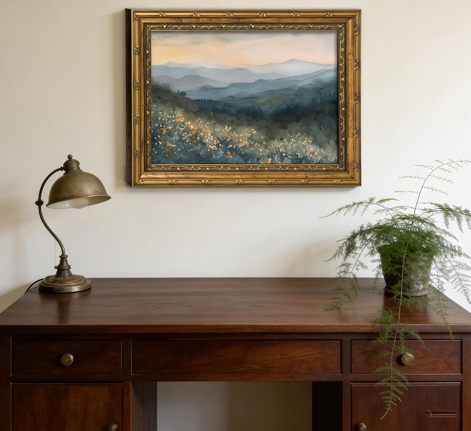Vintage Gold Framed Forest Wall Art,Wildflower Valley Wall Decor,Meadow Landscape Painting,Watercolor Misty Mountain Pictures for Home,Study,Dining Room,Calming Nature,11L x 9W