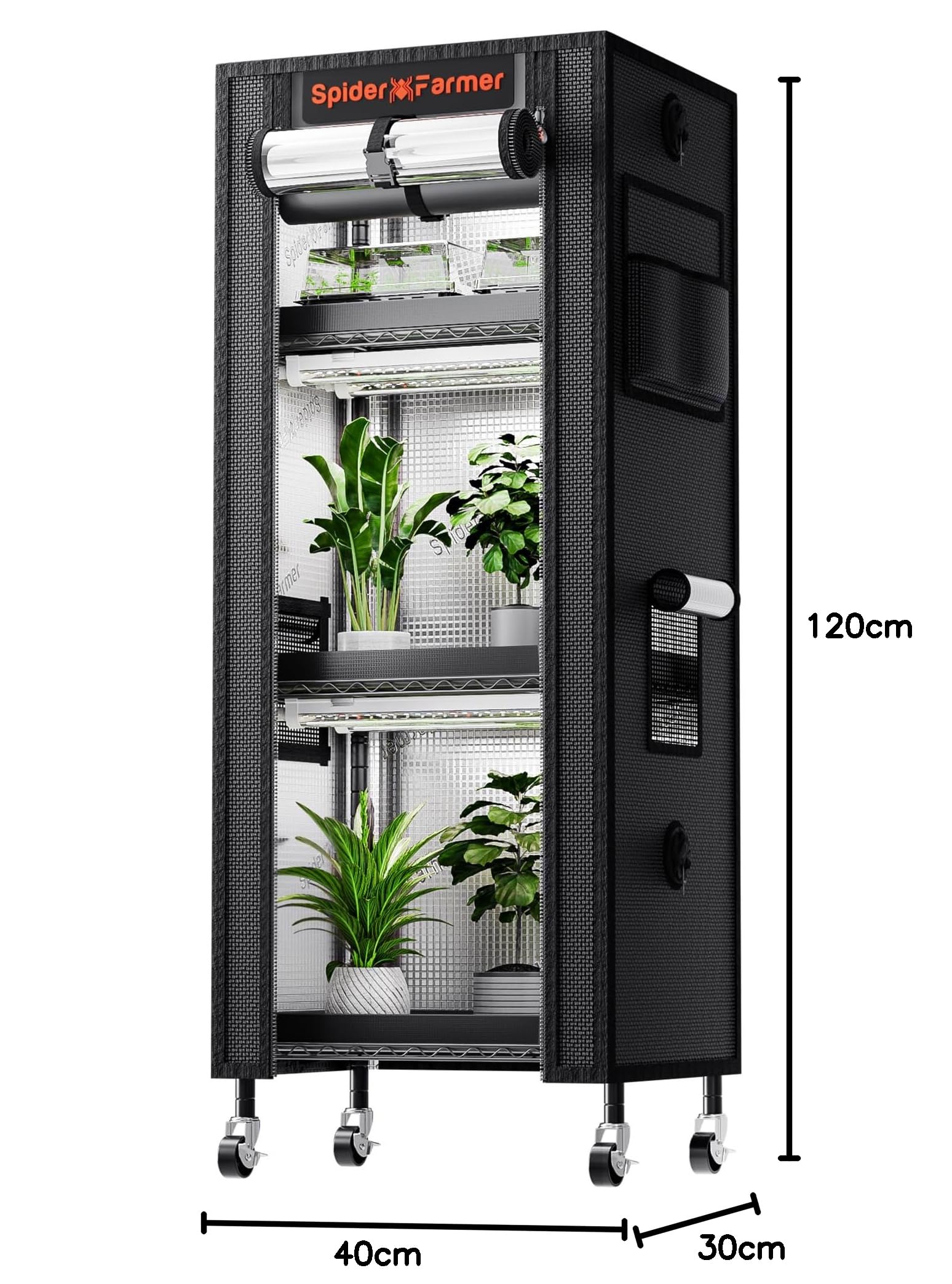 Spider Farmer 2026 Pflanzenständer Grow Lampe Kit, 4 Etagen Pflanze Regal mit 6 Stück 30cm Vollspektrum LED Lights und GrowZelt für Seed Starting Pflanzen Wachstum 40x30x120CM