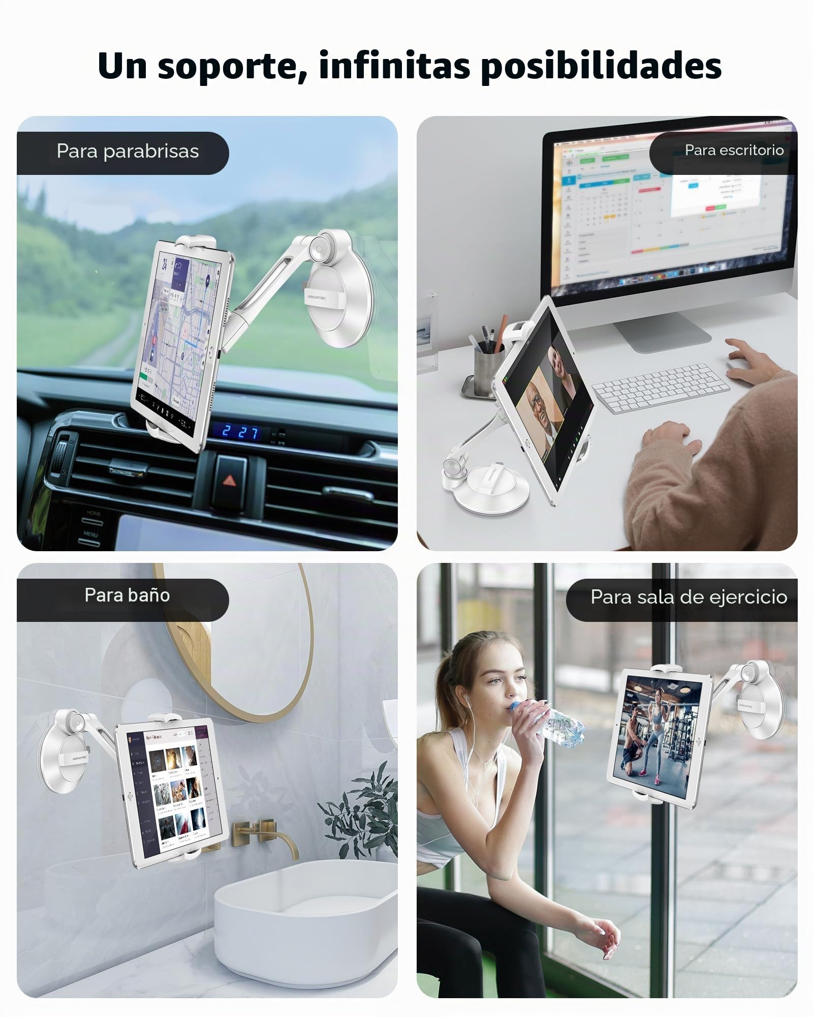 AboveTEK - Soporte con Ventosa para iPad, Plegable para Coche, para Tablet de 4 a 11 Pulgadas, Ideal para Parabrisas, Cama, Cocina y Oficina (Blanco)