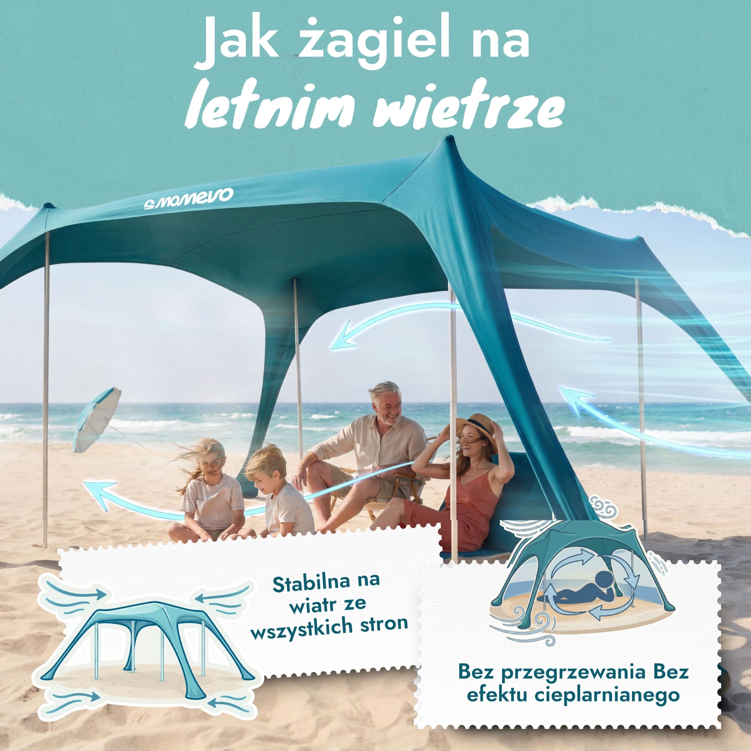 Duży rodzinny namiot plażowy Sunsail - żagiel przeciwsłoneczny z certyfikowaną ochroną UV UPF50+, ochrona przed słońcem dla sześciu osób, z kotwicą piaskową i śledziami (petrol blue)
