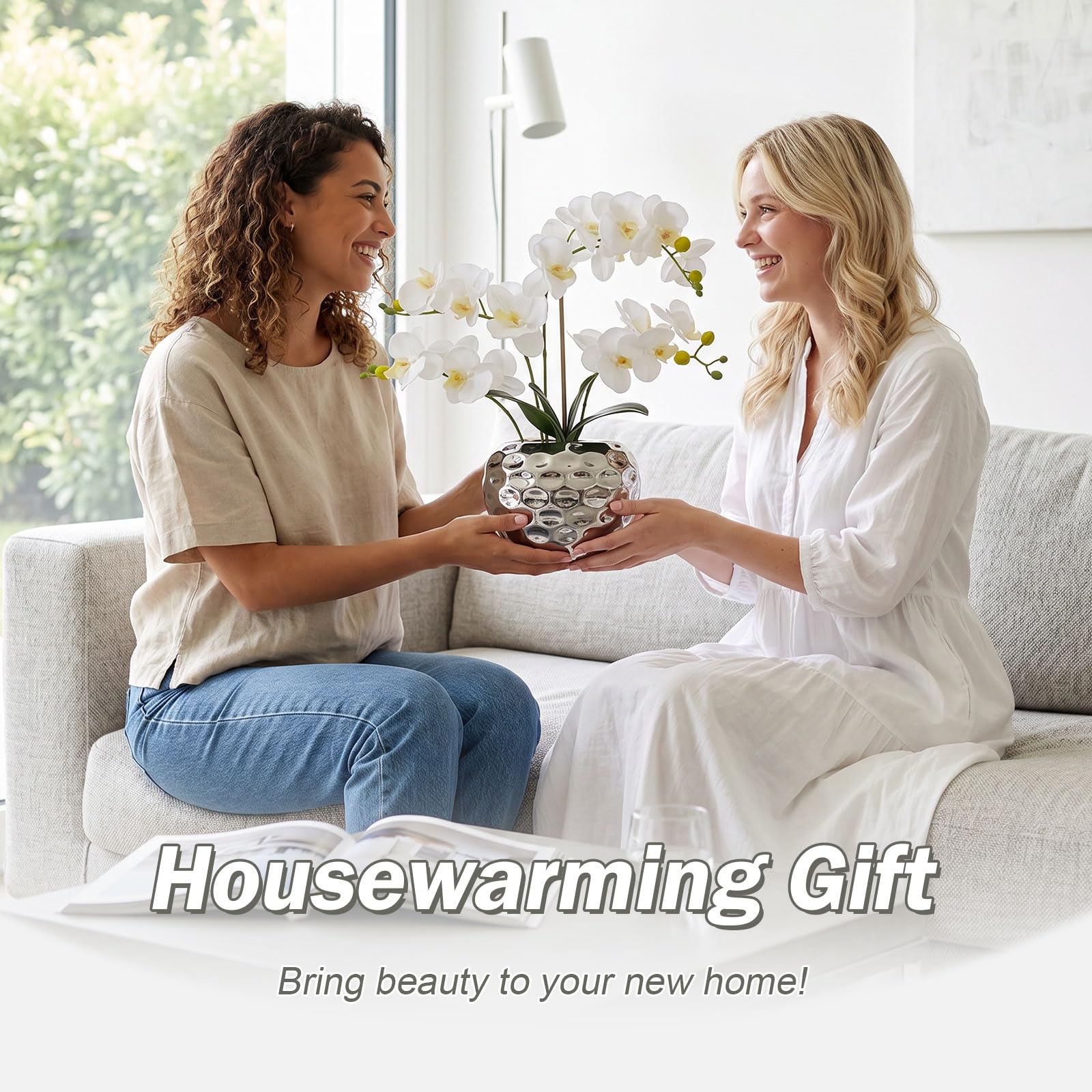 PlusFive Orchidea Finta Realistica Bianca 48 cm, Orchidee Finte, Orchidee Artificiali con vaso, Fiore di Orchidea Artificiale, Pianta Finta da Interno, Regalo Inaugurazione Casa, Soggiorno e Ufficio