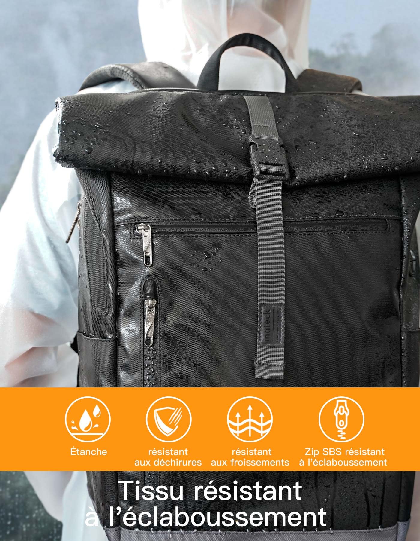 Inateck Sac à Dos Rolltop 25-30L Extensible, Vélo Voyage Loisir, Noir | Homme Femme, 17 Pouces PC, Anti-éclaboussures, Prise écouteurs, Zip accès rapide, Voyage Travail