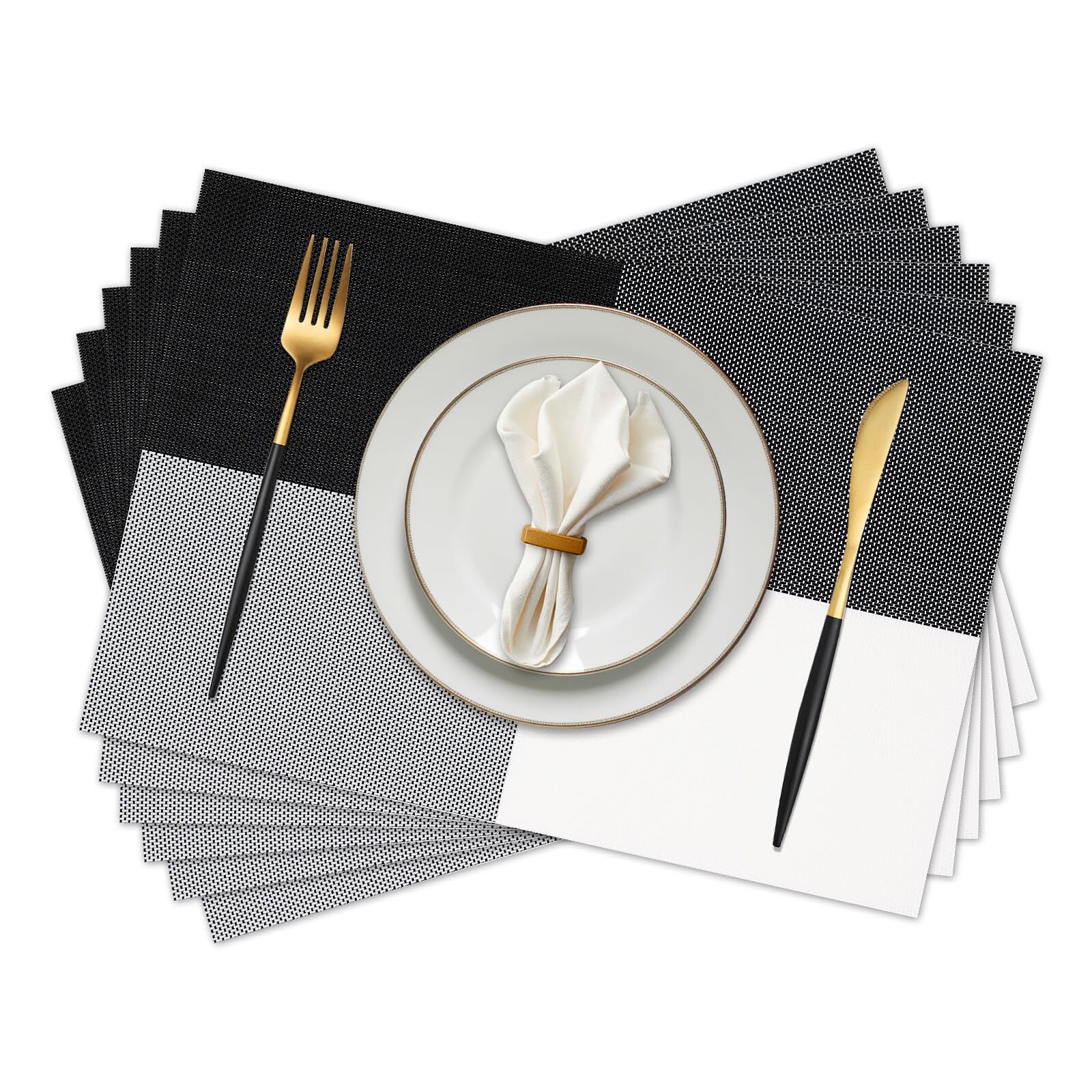 EDanle Vinyl Plastic Placemats Set of 6 Washable Heat Resistant Non-Slip Elegant Indoor Outdoor Kitchen Dining PVC Woven Table Place Mats (Black White Lattice Block) — image 1