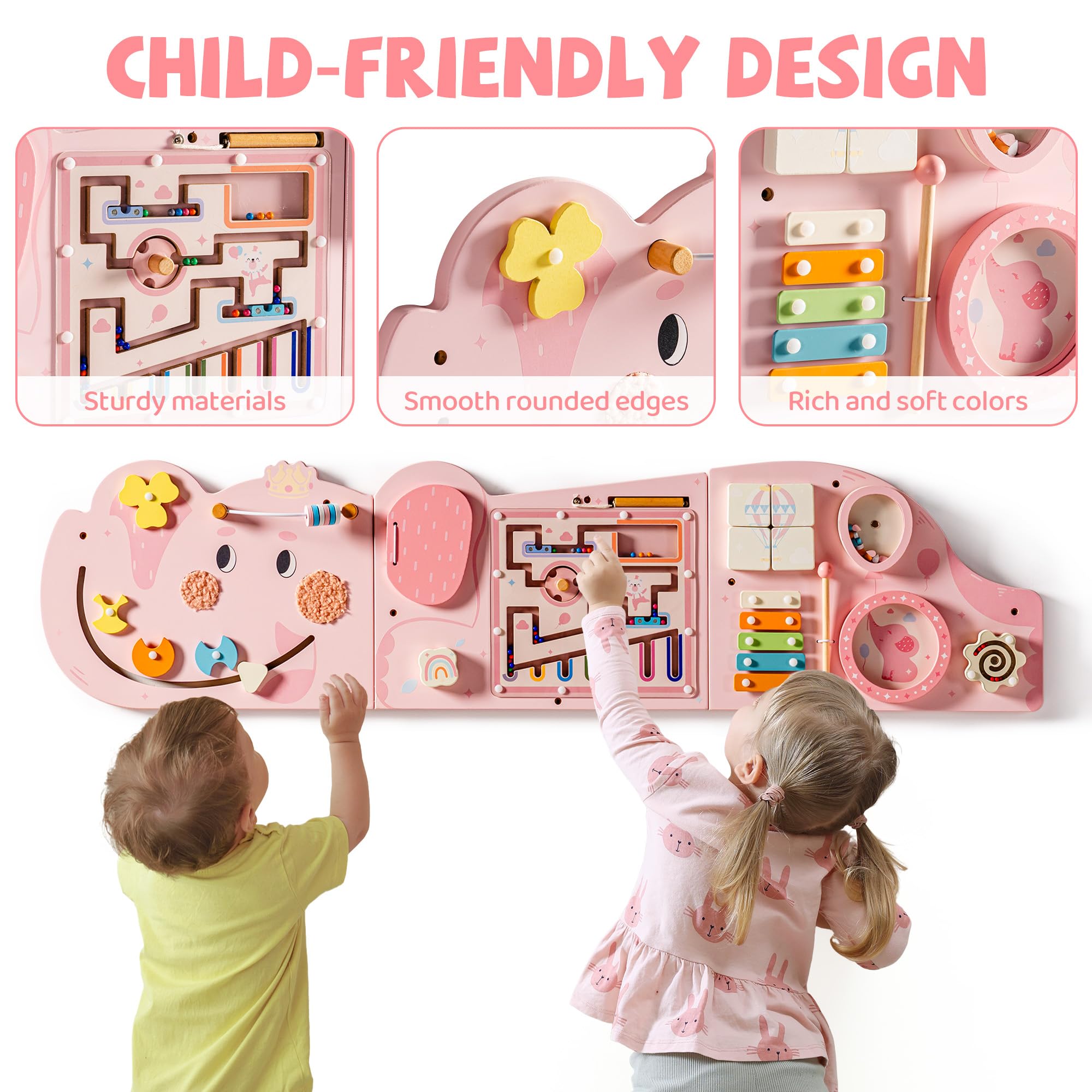 Montessori Tavola Motorizzata in Legno 11 in 1 Busy Board Giocattolo da Parete per Bambini 18 Mesi Rosa