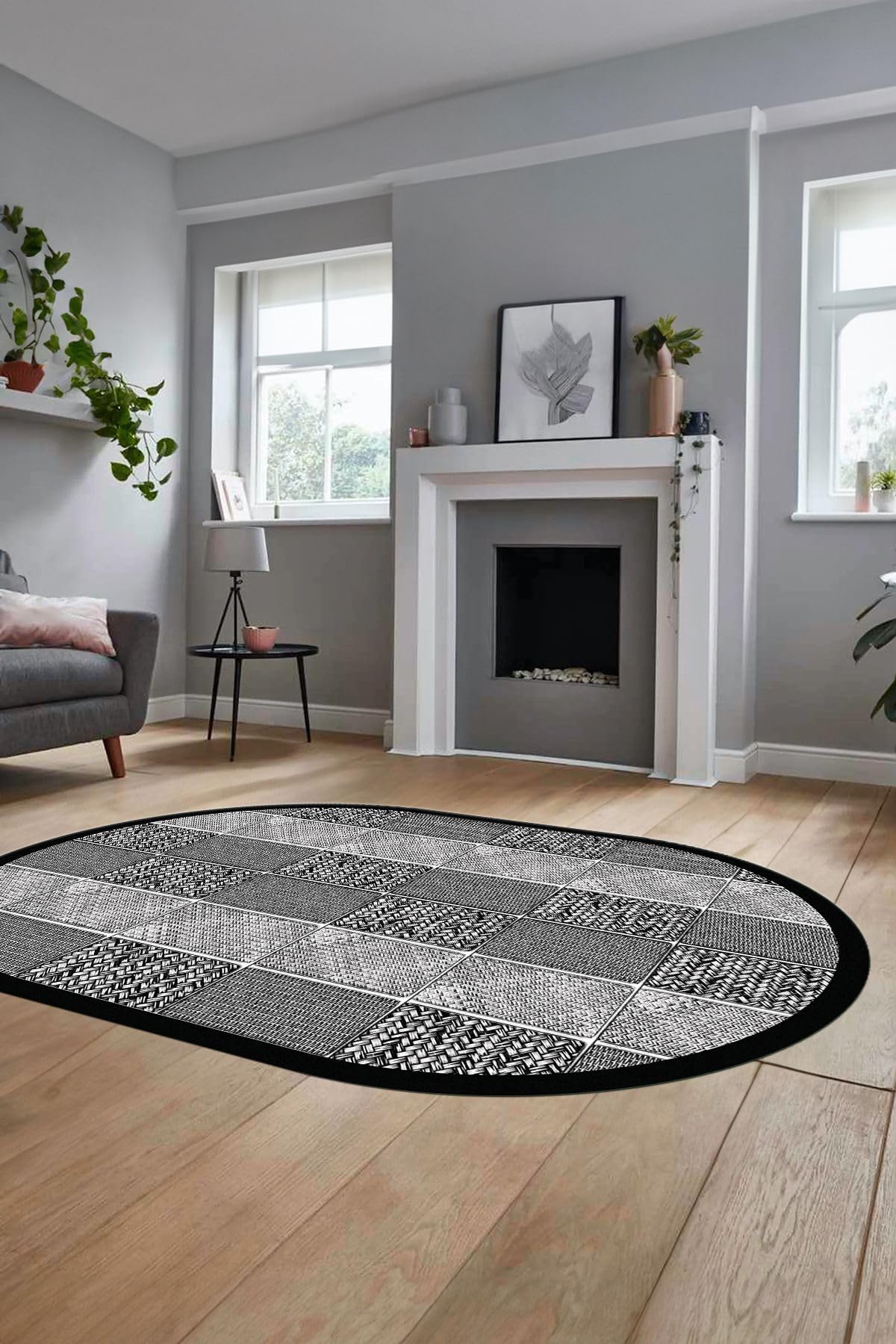 Evdeya Dijital Kaymaz Taban Yıkanabilir Jüt-Hasır Desenli Oval Mutfak Yolluk Salon Halısı O-JÜT-02, Gri, 60 x 100