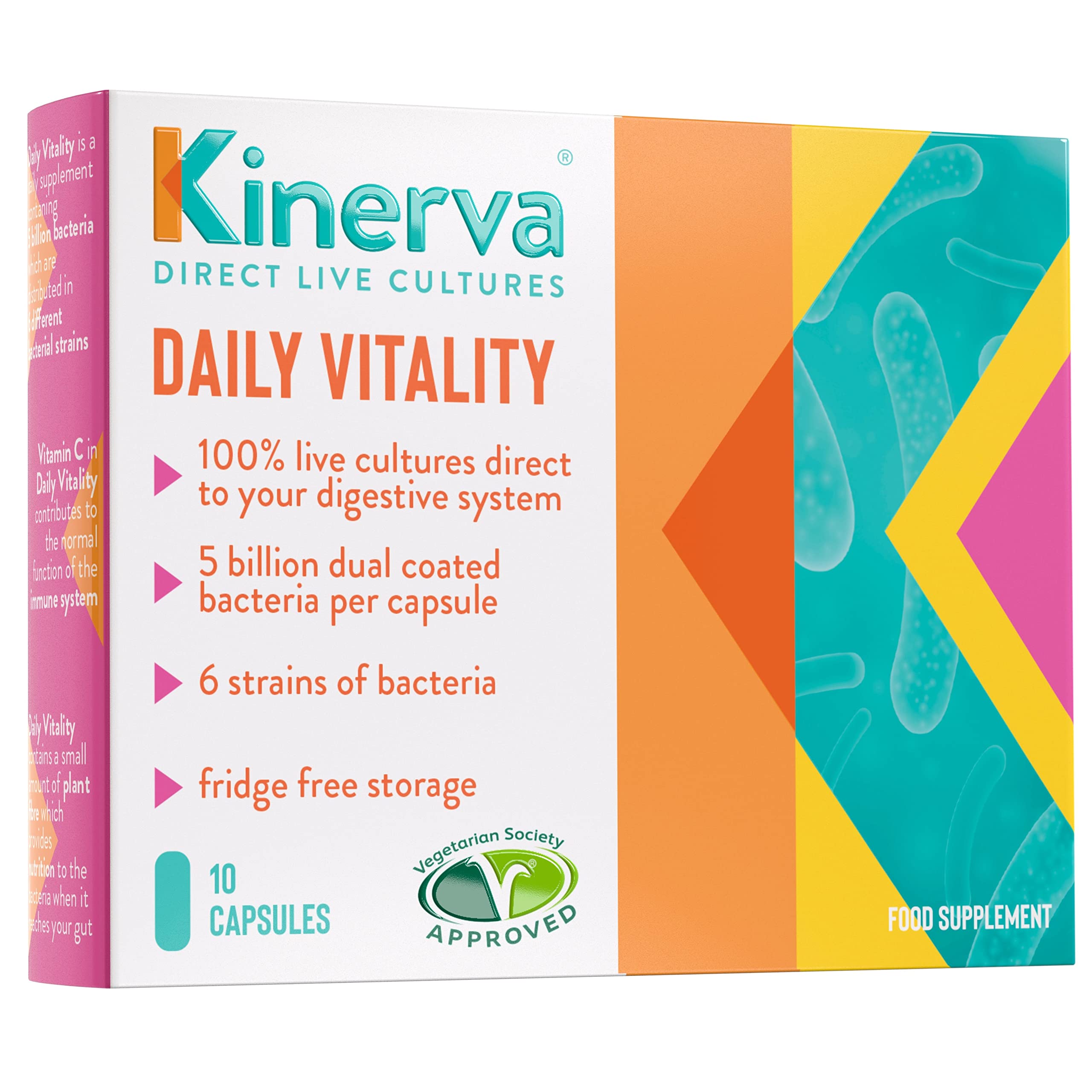 Probiotics - Daily Vitality Probiotic Supplements with Vitamin C, (10 Day Supply) Multi-Strain Gut Friendly Bacteria & Prebiotic Fibre for Men & Women - 10 Dual Coated Vegetarian Capsules