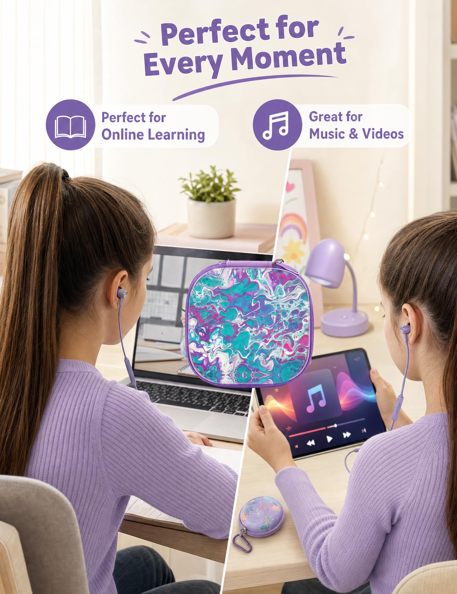 Ohrhörer-Set mit Hülle für Kinder für die Schule, kabelgebundene Kopfhörer mit Hülle und kleinen Ohrstöpseln, ästhetische Ohrstöpsel mit niedlicher Hülle, Kopfhörer für Handy und PC, Laptop