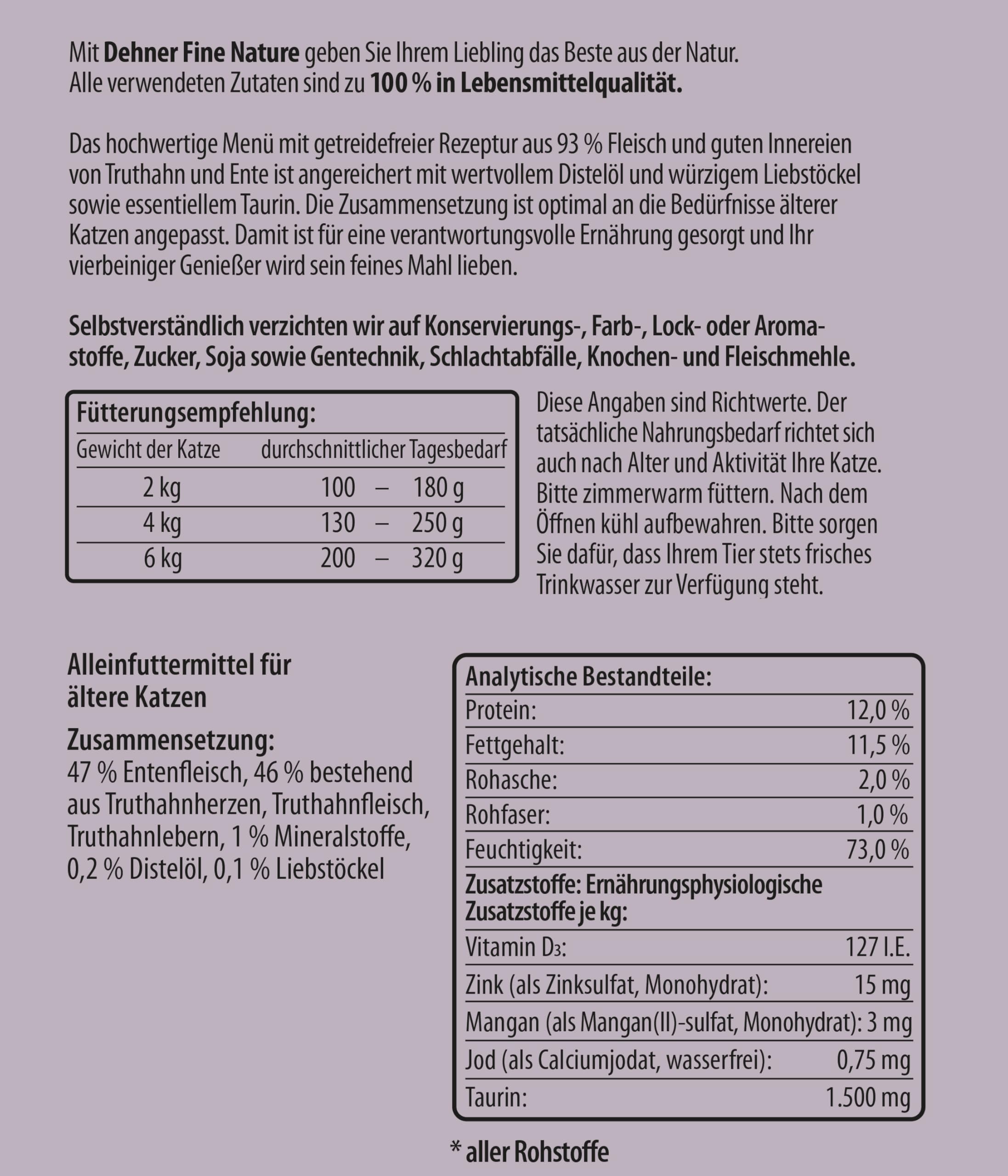 Dehner Fine Doublure Nature Chat Senior, qualité Alimentaire, de Dinde et Canard, 6 x 400 g (2400 g)