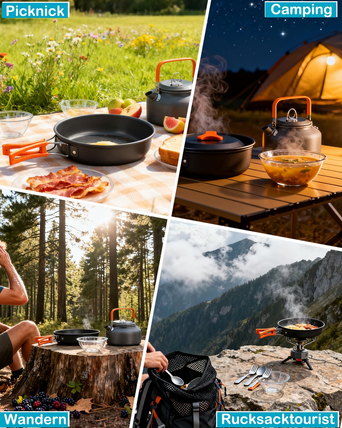 Camping Cookware Kit, Portable 1-2 People Camping Cooking Set, Lightweight Non-Stick Camping Pot and Pan Set with Spoon Fork Cutter for Outdoor Travel Camping Hiking Picnic BBQ