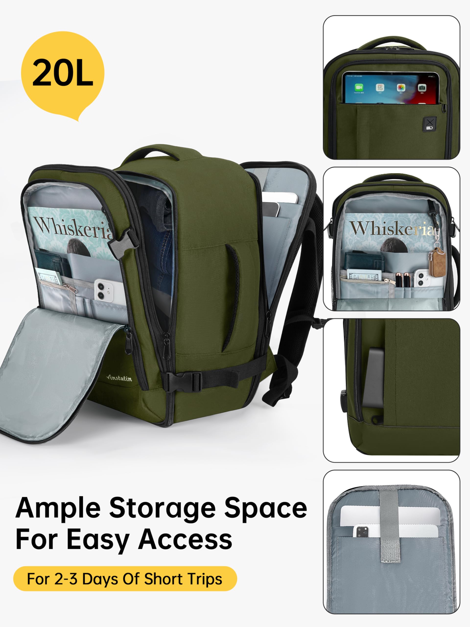 Vinstatin Ryanair - Zaino da viaggio da donna, 40 x 20 x 25,14 pollici, 20 l, impermeabile, con 4 tasche per vestiti, per vacanze, affari, escursioni, weekend, verde, 40x20x25(CM)