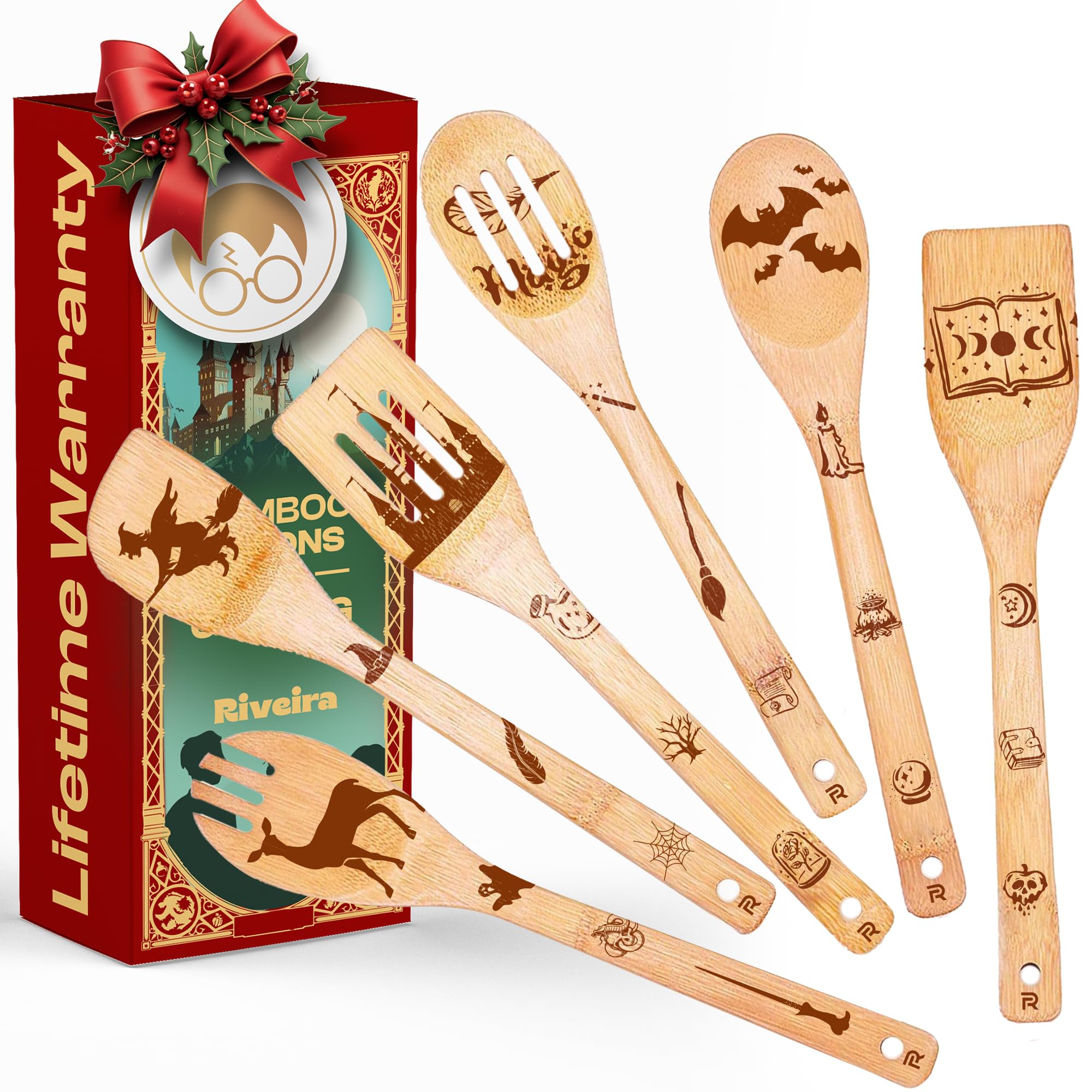 Riveira Magic Wizard Gifts Organic Wooden Spoons For Cooking Utensils Set 6-piece - Christmas Gifts For Women Kitchen Utensils Spatulas For Nonstick Cookware Gifts For Cooking Lovers