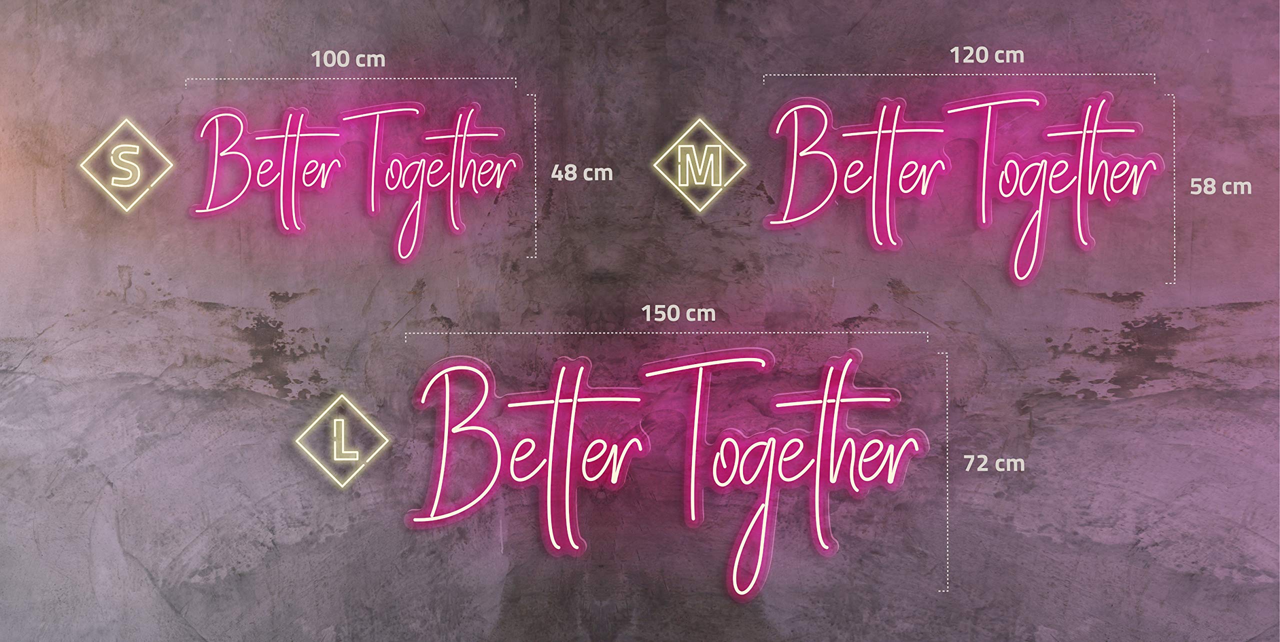 Neon Better Together | Diferentes tamaños y colores | Base metacrilato 5 mm | Neon flex | (BLANCO CÁLIDO, S (100 x 48) cm)
