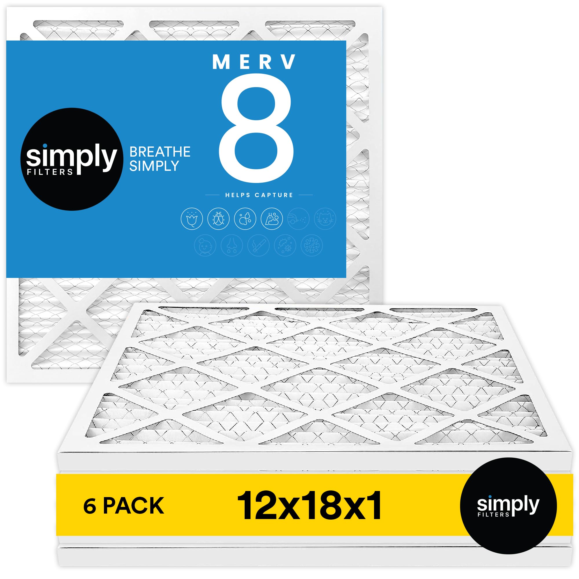 SimplyFilters 12x18x1 MERV 8, MPR 600, Air Filter (6 Pack) - Actual Size: 11.5"x17.5"x0.75" HVAC, AC Furnace Air Filter
