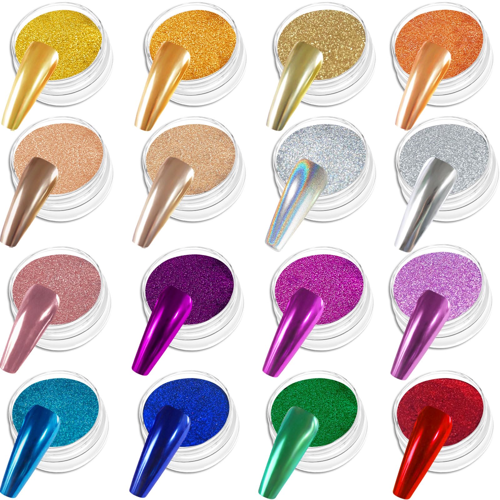Allstarry Chrome Nail Powder Kit - 16 Colors Metallic Mirror Effect Pigment Powder Magic Glitter Dust for Gel Polish Nail Art Decoration with 16 Sponge Sticks