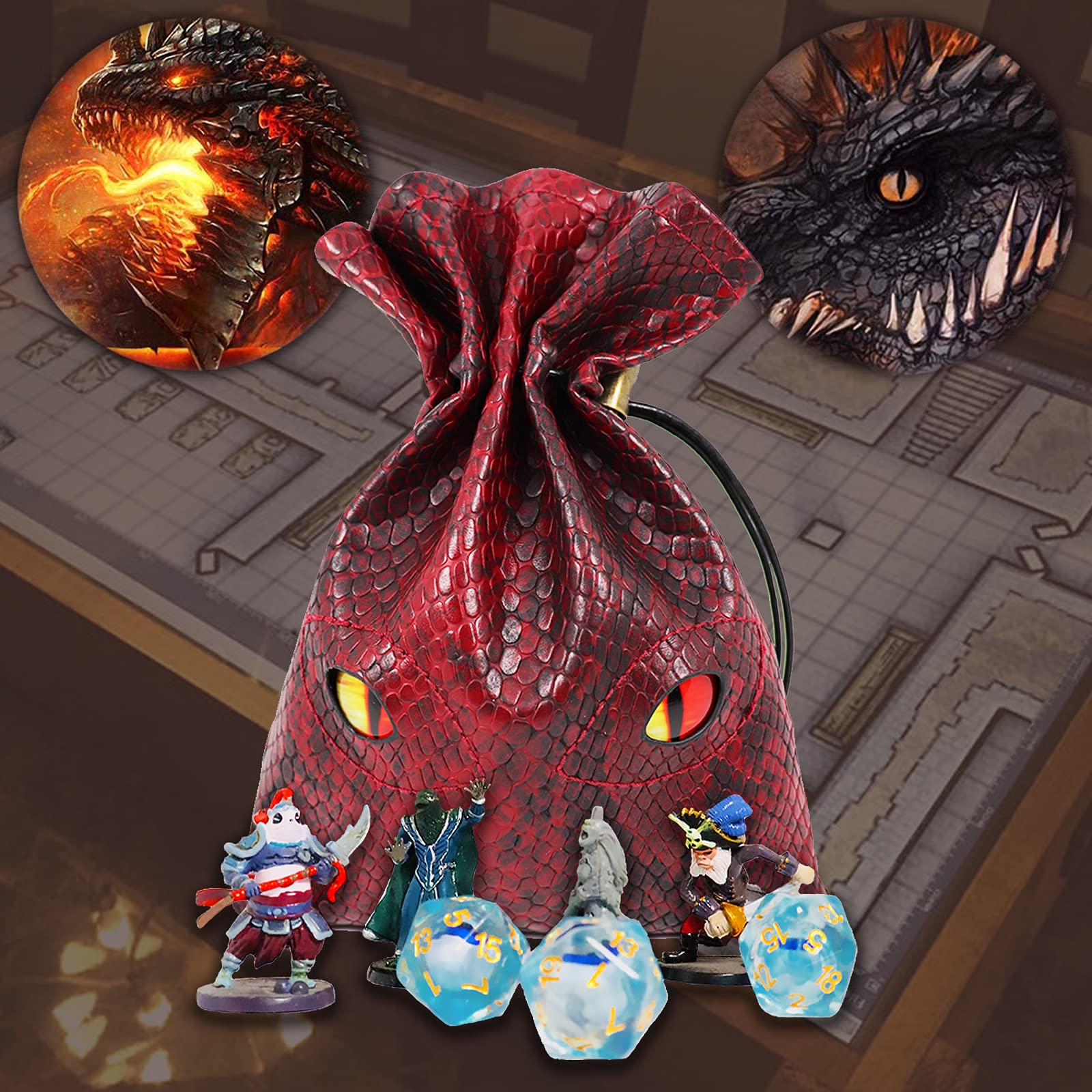 Byhoo Borsa per Dadi Con Occhi Fosforescenti - Contiene 6 Set, Sacchetto per Monete in Pelle di Drago Rosso Fuoco per Giochi da Tavolo DND e RPG