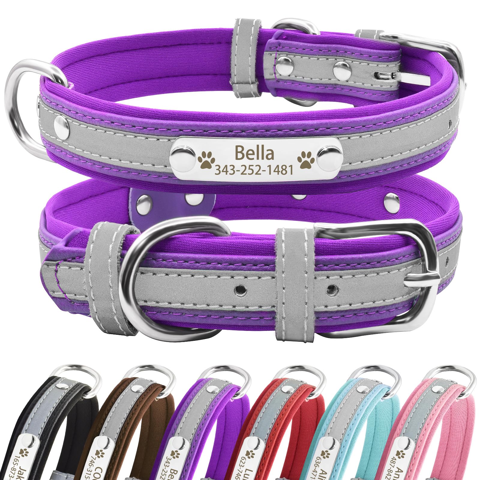 Senristar Personalized Neoprene Padded Reflective Dog Collar And Leash Set,Custom Engraved Dog Collar With Name Plate For Small Medium Large Dogs (M,Purple Set