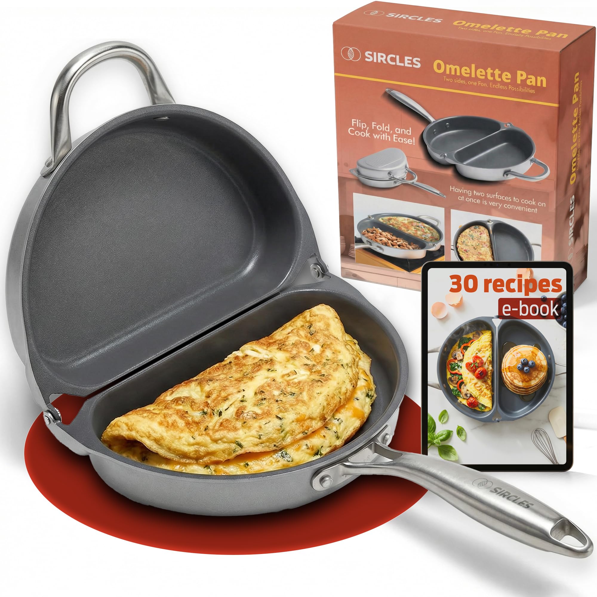 Photo 1 of **UNKNOWN IF MISSING PARTS**
SIRCLES Omelette Pan Double Sided Non Stick Omelette Maker, 3004 Aluminum, Induction Compatible, Dishwasher Safe, PFOA Free, Flip Lock Egg Pan with Spatula & Recipe eBook, Omelette Makers