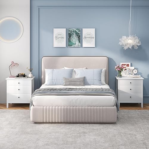 Miniatura 6 de Giantex Mesita de noche con 3 cajones, mesa auxiliar de madera con patas de madera maciza, mesita de noche retro de 3 cajones para dormitorio,