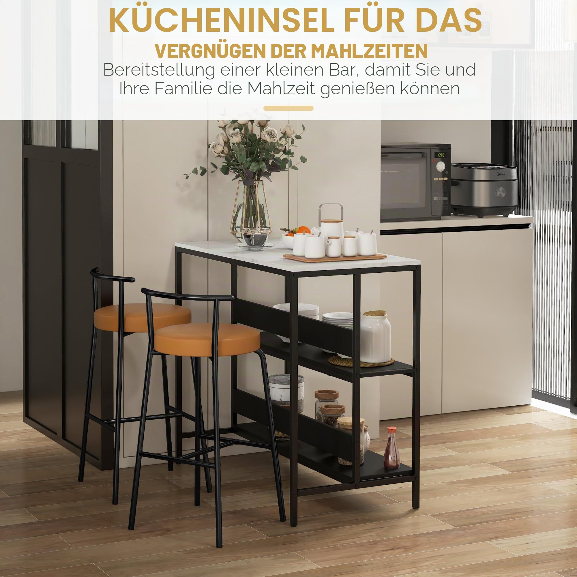 HOMCOM Kücheninselwagen, Küchenmöbel, Platte in Marmoroptik, Stahlstruktur, 2 Regale, Aufbewahrungsmöbel für Wohnzimmer, moderner Stil, 100 x 50 x 90 cm, Schwarz