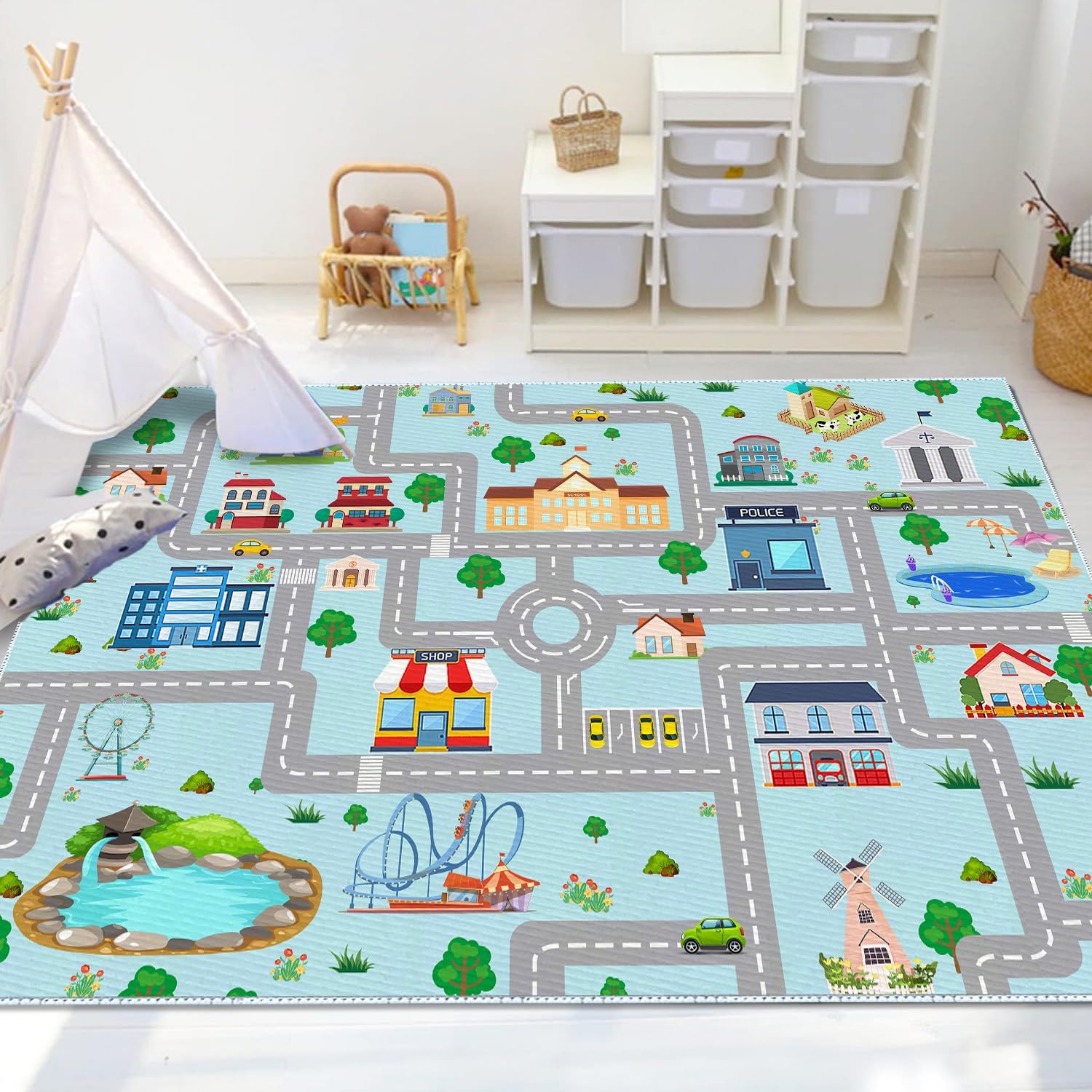 Kids Car Rug, 4x6 City Life Road Traffic Game Carpet for Race Cars & Toys, Fun Non-Slip Educational Race Track Floor Area Playmat for Toddler Boys Bedroom Playroom Classroom Blue