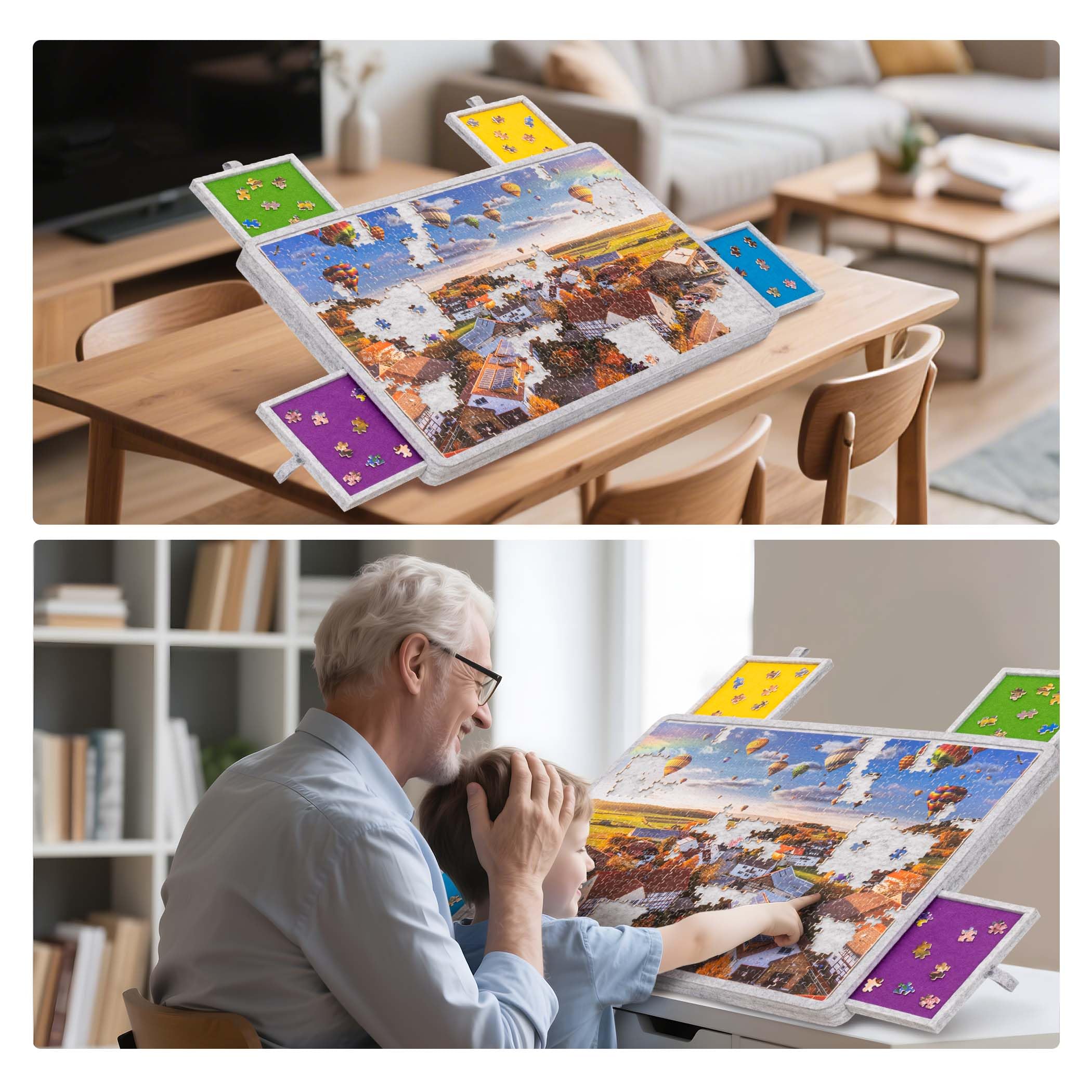 Becko US Planche de puzzle inclinable de 1000 pièces avec 4 tiroirs colorés, couvercle et rangement