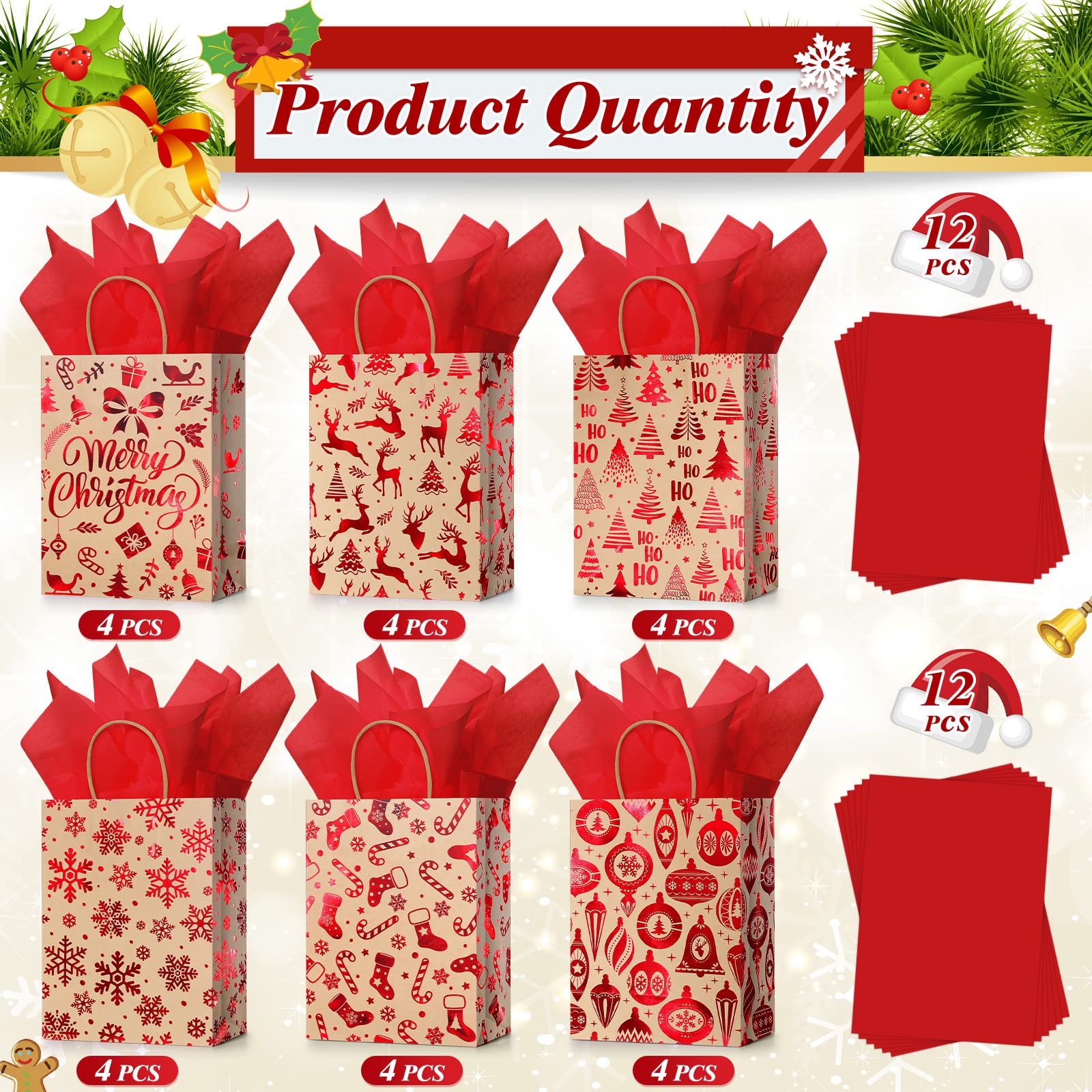 24 bolsas de regalo de Navidad con papel de seda, bolsas de regalo de Navidad con asas a granel para envolver regalos de Navidad, suministros de fiesta de vacaciones (copo de nieve rojo, mediano)