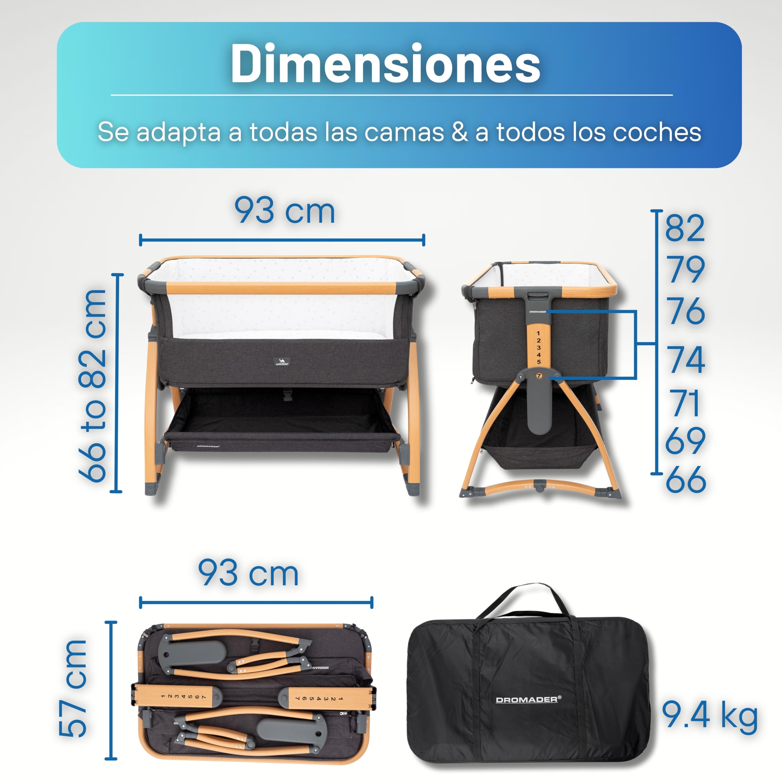 DROMADER Cuna Colecho Bebe – 0-6 Meses - Cuna Portátil con Ruedas - Malla Transpirable - Colchón Cómodo Incluido - 7 Alturas Ajustables - Función Balanceo - Gris