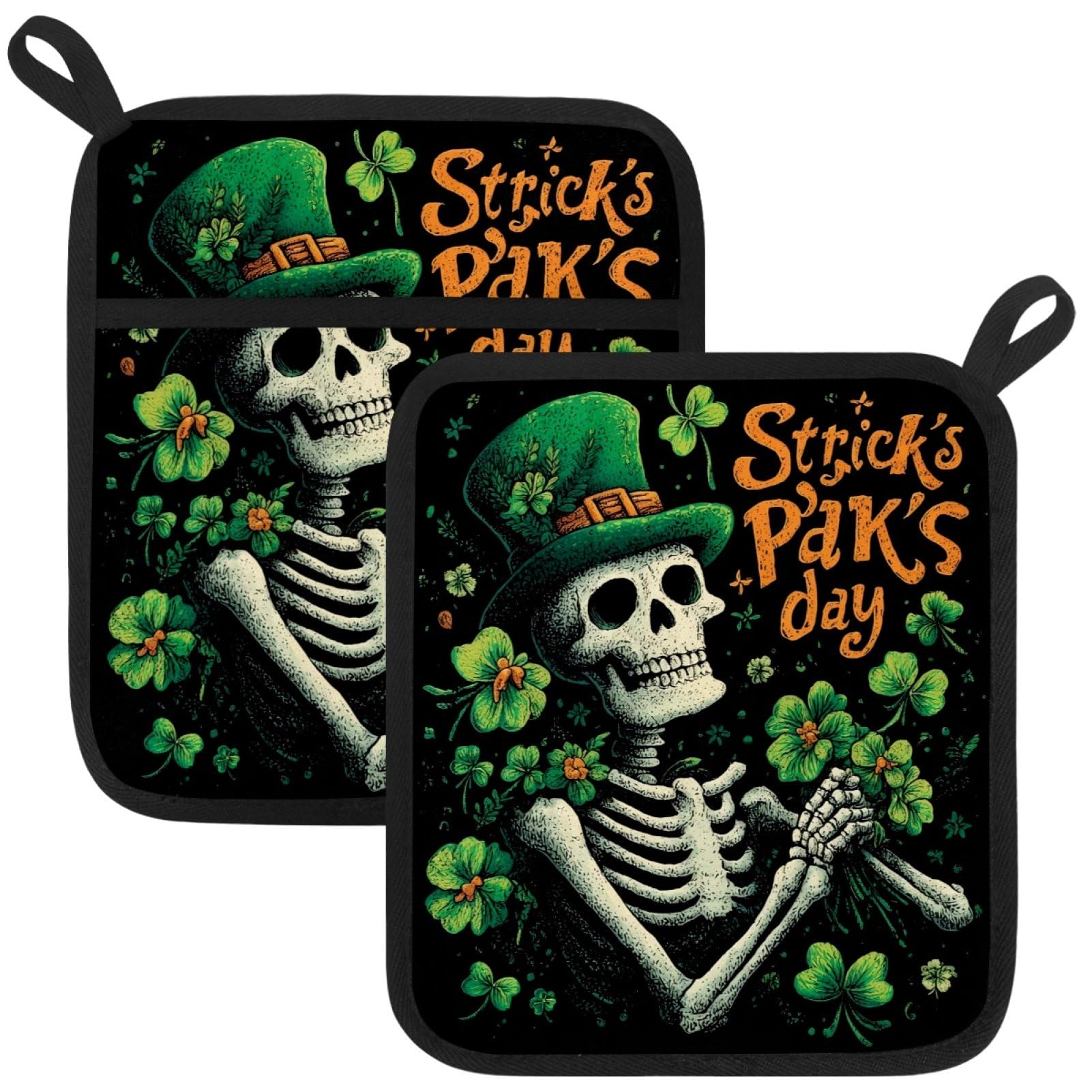 VAPOKF St. Patrick's Day Skeleton Heat Resistant Pot Holders, Thick Pot Holders Pad with Hanging Loop for Kitchen, Oven Cloth Pads for Kitchen Baking Microwave Oven