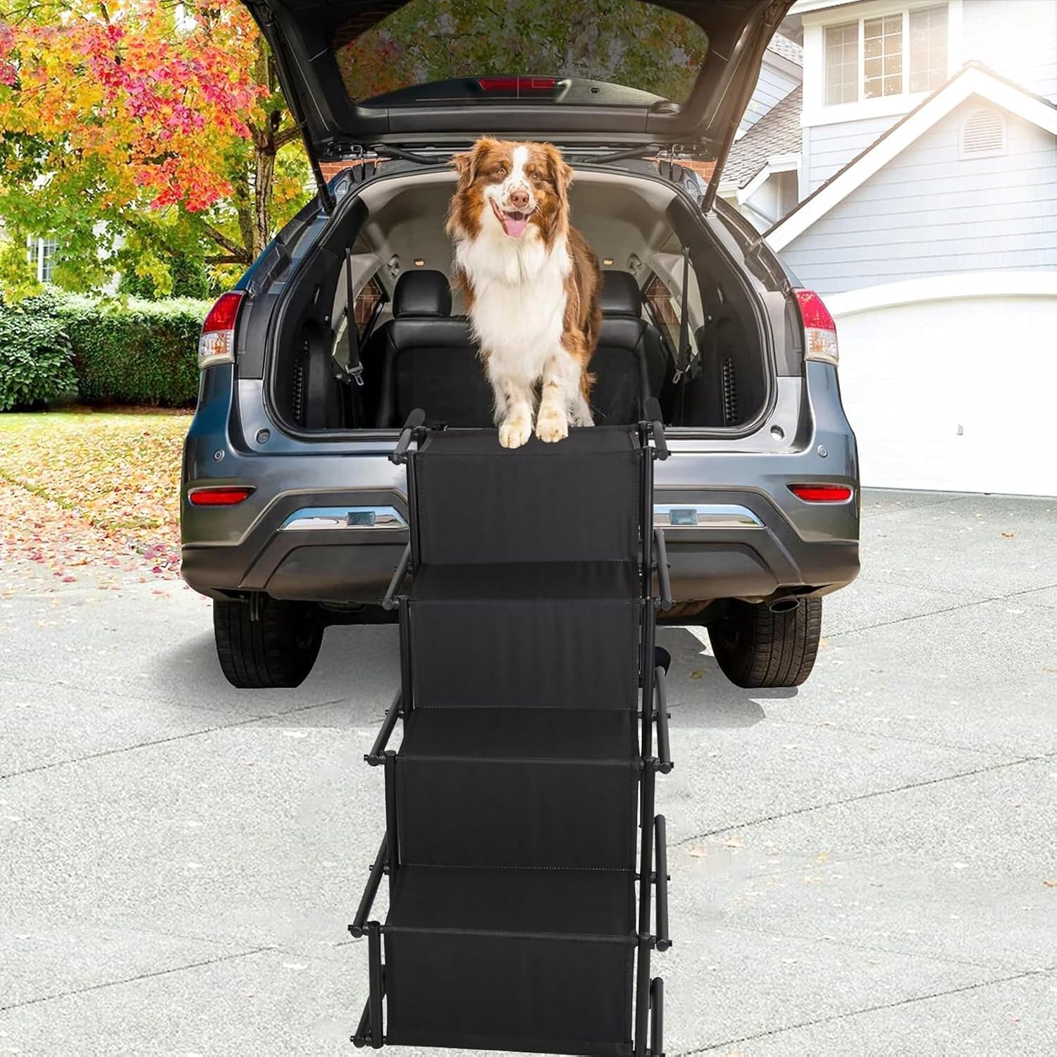 KOCASO 4 Step Dog Steps Foldable Dog Ramps Non Slip Dog Stairs Portable Dog Steps for Cars and SUV, Truck, Support Up to 176 Lbs Oxford Fabric Steel Ladders with Straps Tether Clip