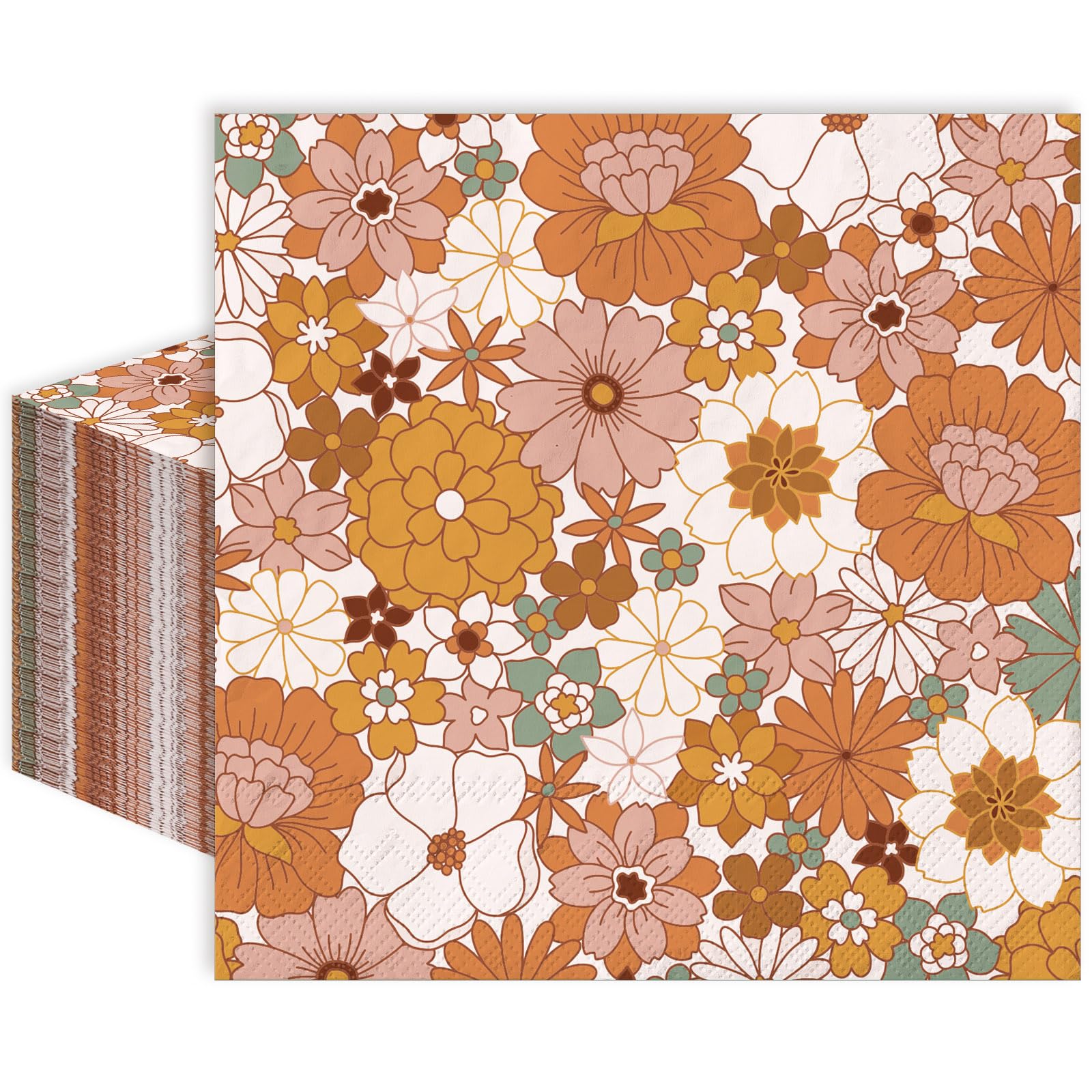Whaline 80 Pack Boho Floral Paper Napkin 6.5 x 6.5 Inch Spring Retro Flower Disposable Luncheon Napkins Vintage Peony Daisy Flower Dinner Napkin for