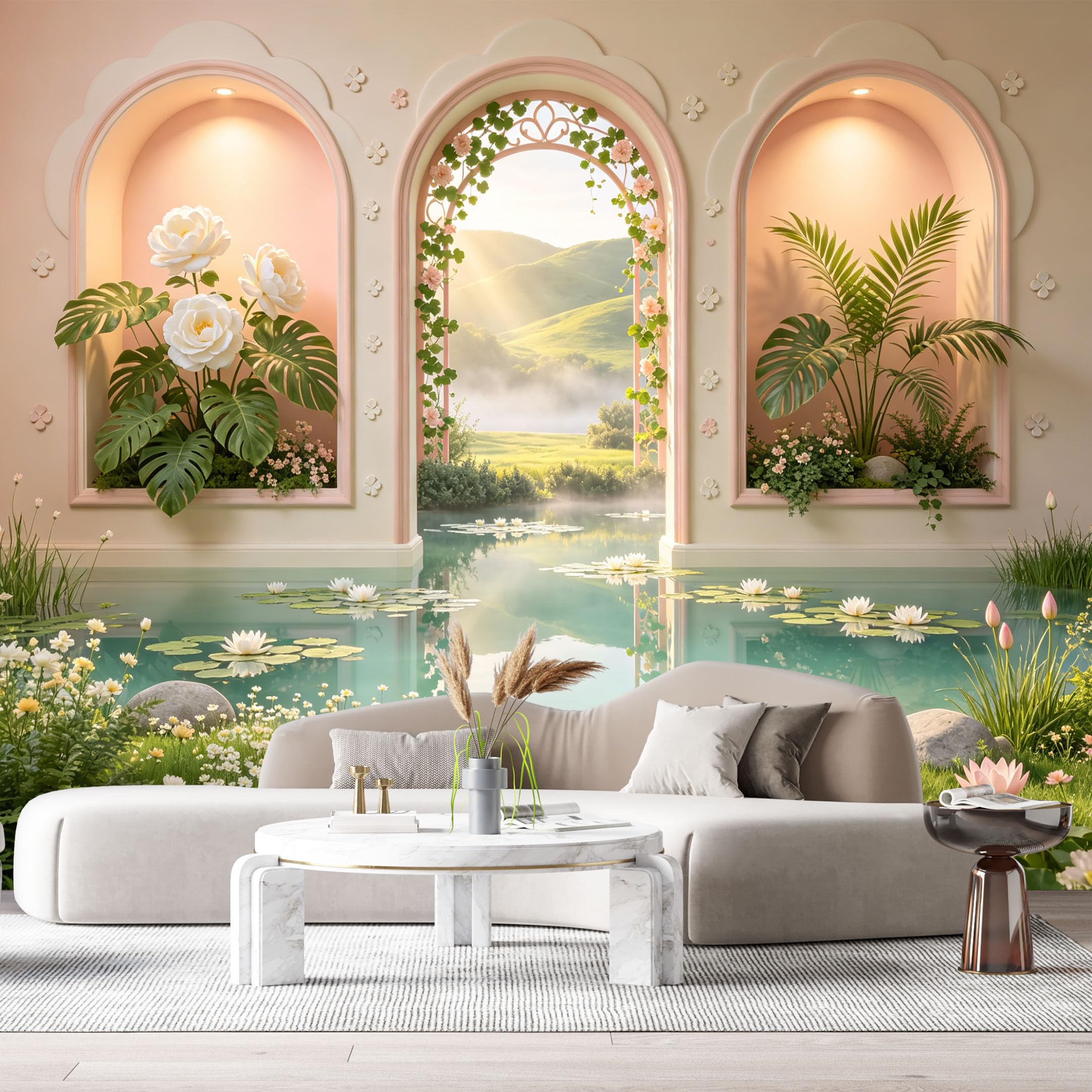 Custom Size Wall Murals Botanical Garden Archway Lake Landscape 3D Trompe L'Oeil SelfAdhesive Wall Fabric Removable Large Wallpaper for Photo Living Room Interior Decor