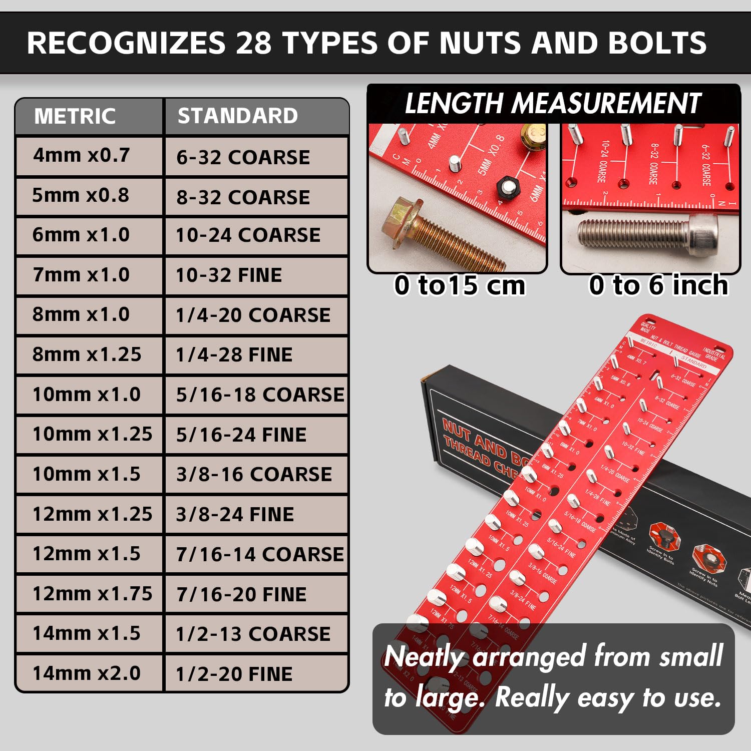 Tester Per Filettatura, 28 Tester Per Dimensione Filettatura Di Dadi E Bulloni, Calibro Di Identificazione Delle Viti Con 14 Standard E 14 Metrici, Rosso