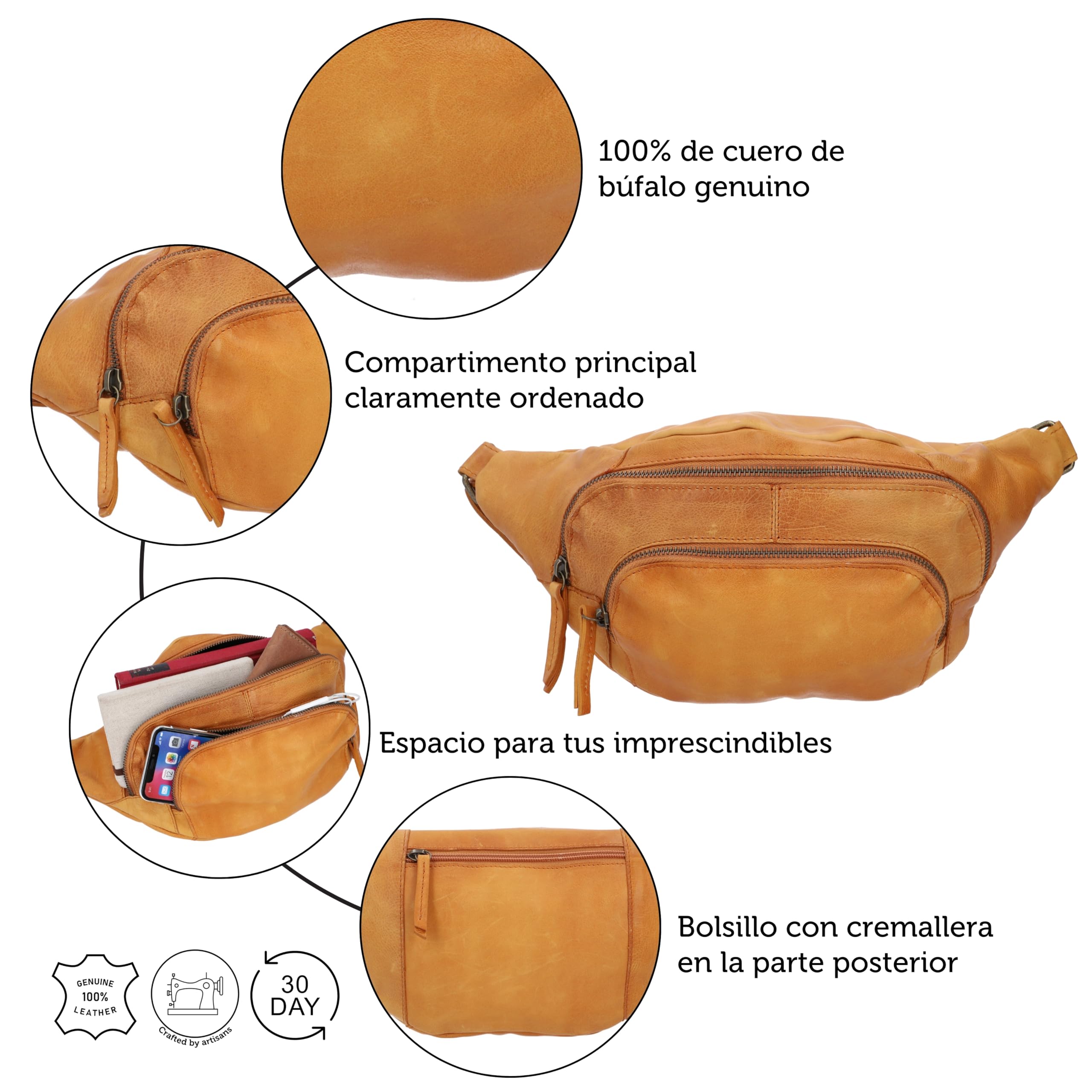 Gusti Sverre - Riñonera de piel, estilo vintage, para hombre y mujer, práctica riñonera con 3 compartimentos y cremalleras, coñac, Einheitsgröße, Retro