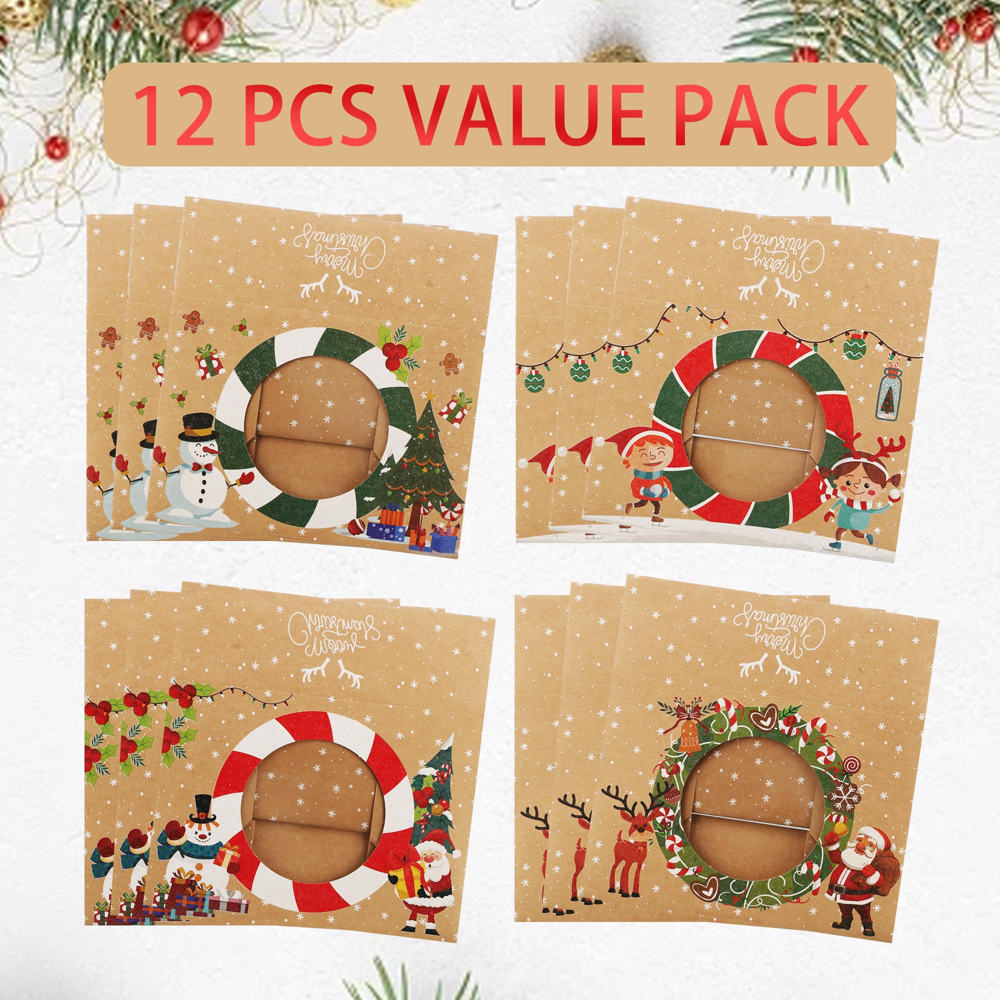 Zzrywuty Cajas de galletas de Navidad para regalo, cajas de panadería de Navidad con ventana, cajas de regalo de Navidad para pastelería, postre, cupcakes, mini pasteles, dulces y donas (12 unidades)