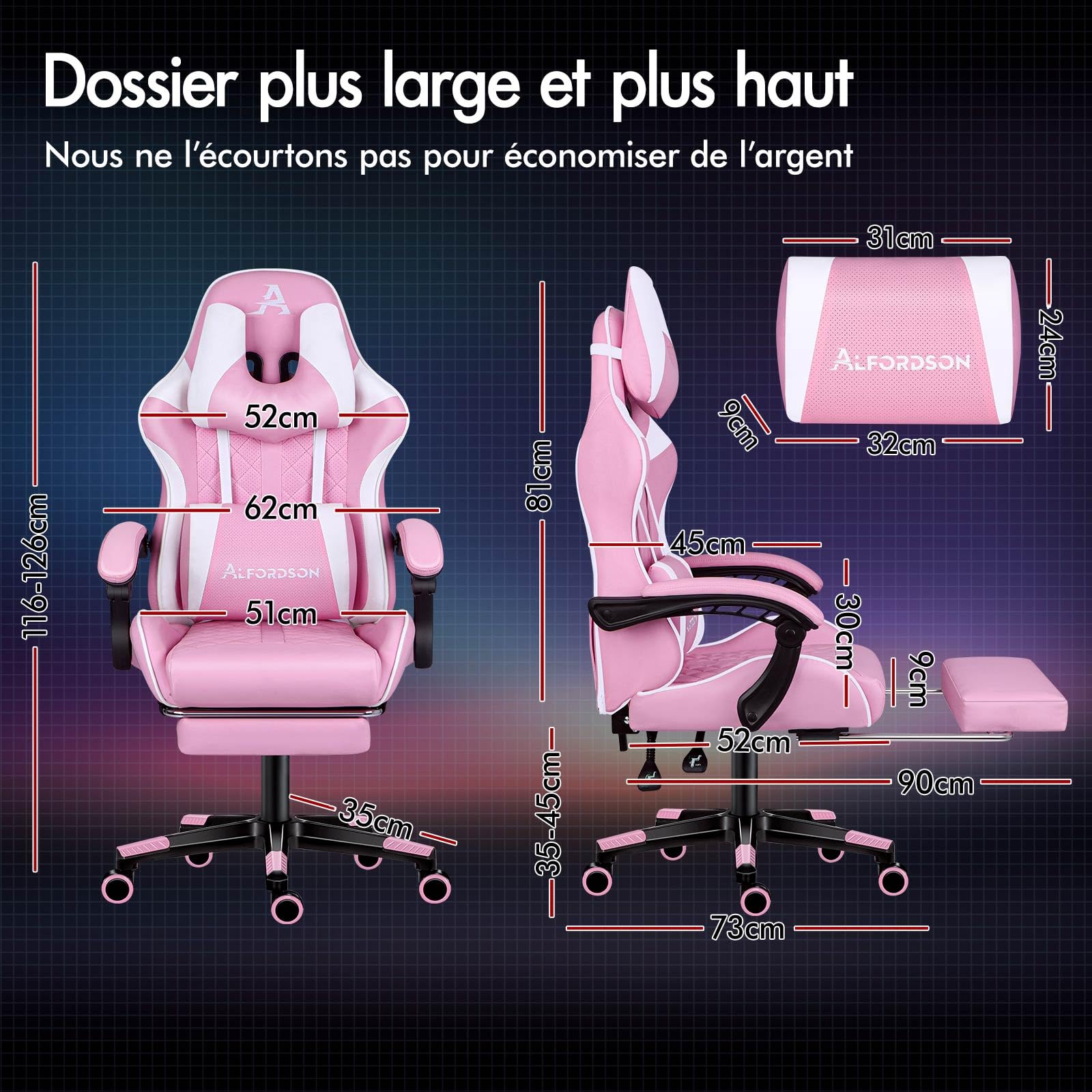 ALFORDSON Chaise de Bureau de Jeu Confortable, Repose-Pieds intégré, Coussin Lombaire, réglage de l'inclinaison à 150°, siège en Cuir à Dossier Haut, capacité de 180 kg, Cuir PU, Rose
