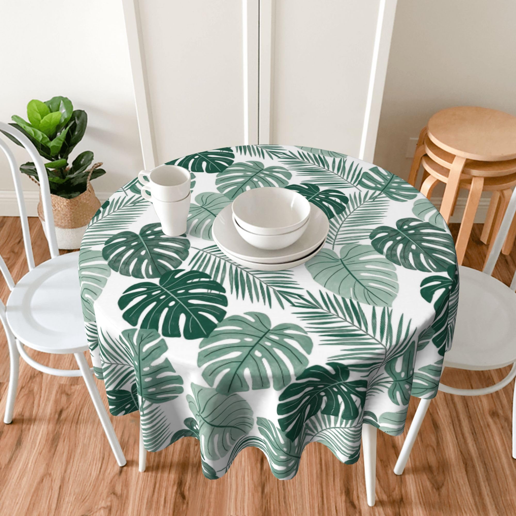 KNEMI Round Tablecloth 150cm Tropical Leaves Wipeable Table Cover Waterproof Circle Table Cloth Home Decorative Tablecloth for Home Kitchen Dinning Outdoor Patio Picnic