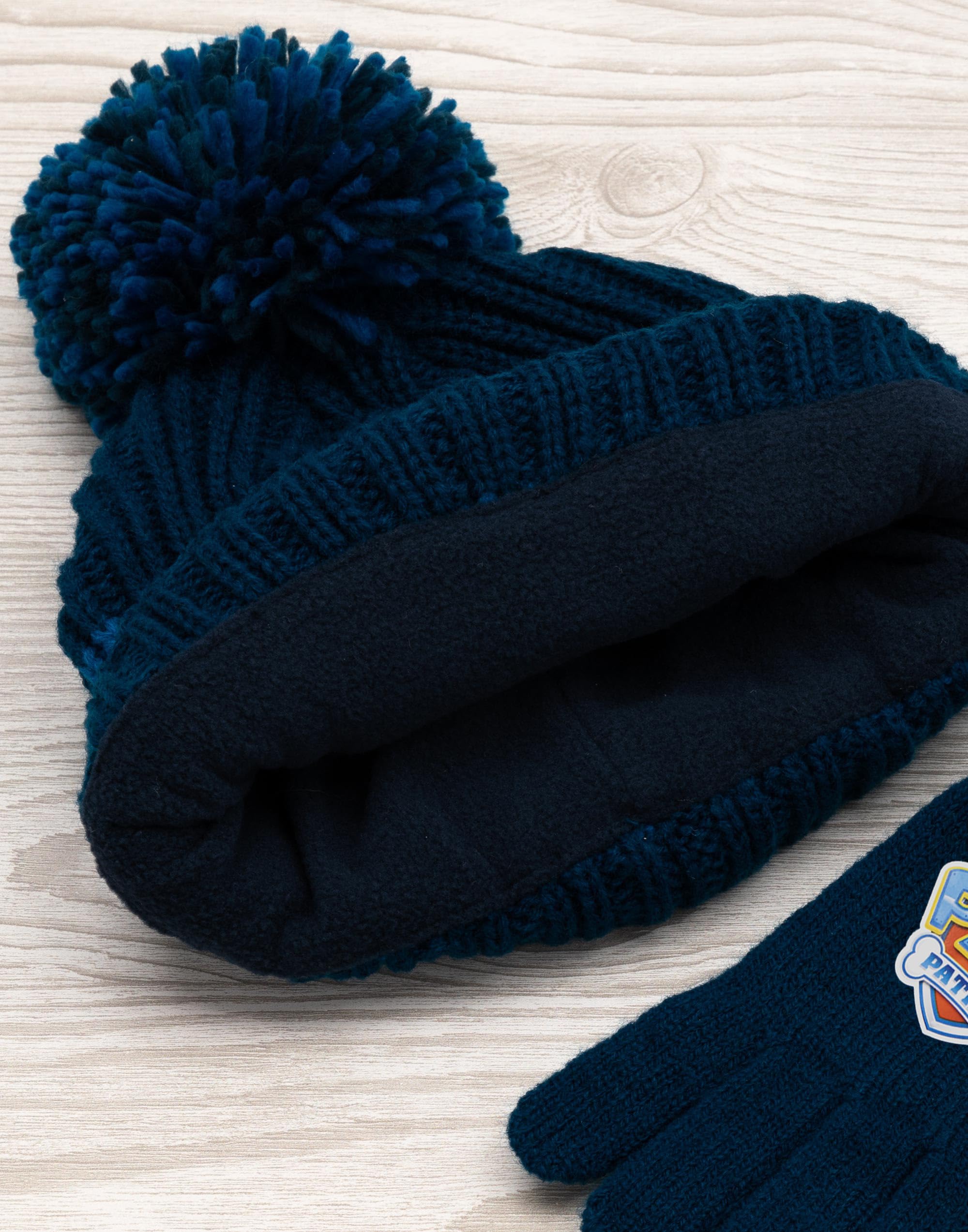 Paw Patrol Ensemble Bonnet & Gants pour Garçons | Ensemble Hiver Tricoté avec Graphiques de Chase, Rumble & Marshall pour Enfants | Bonnet d'Hiver Bleu avec Pompon et Gants Taille Unique